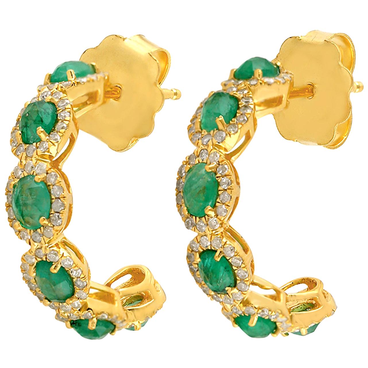 1.74 Carat Emerald 14 Karat Gold Diamond Hoop Earrings For Sale