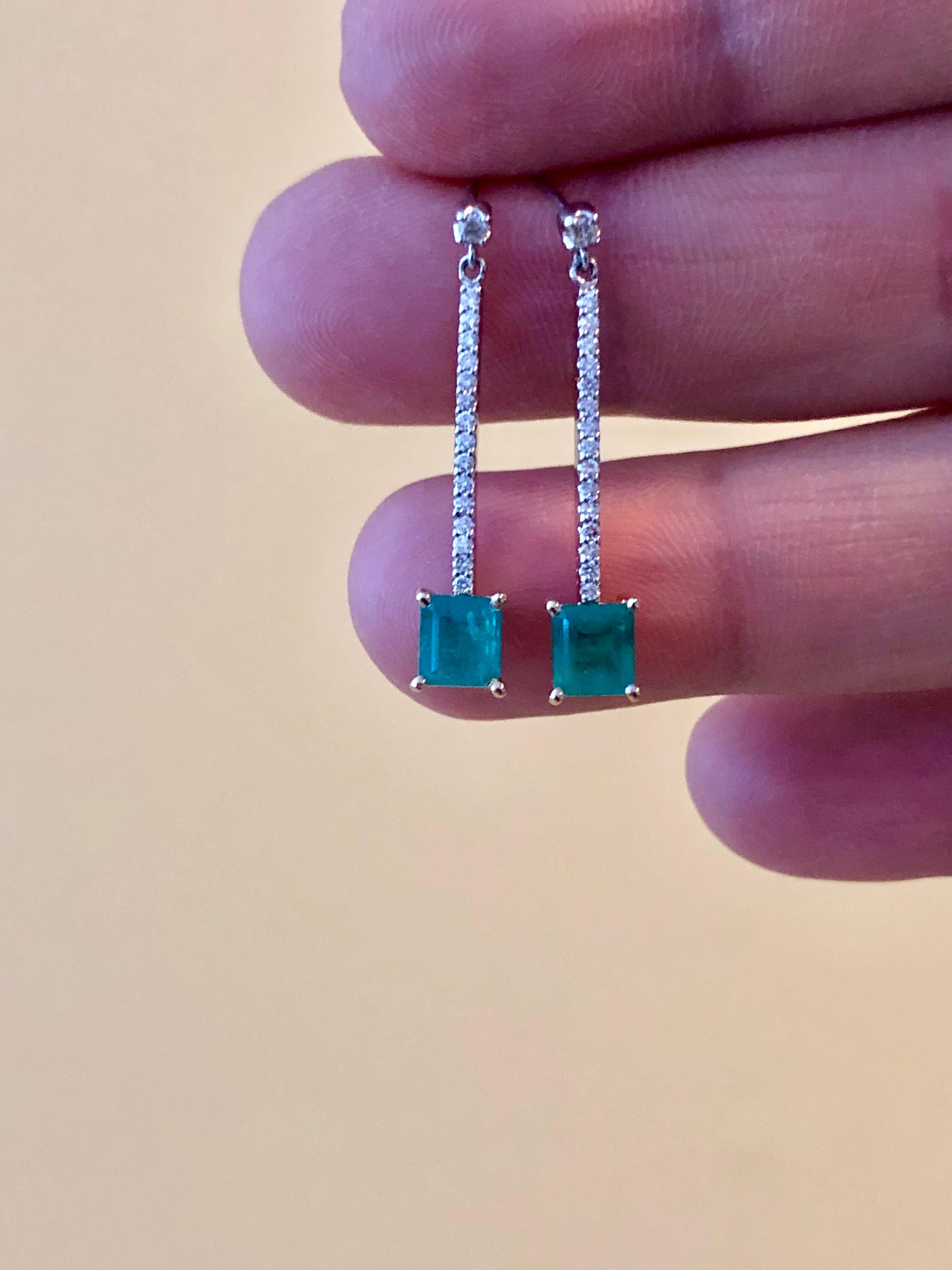 Colombian Emerald Diamond Platinum 18K Dangle Earrings For Sale 7