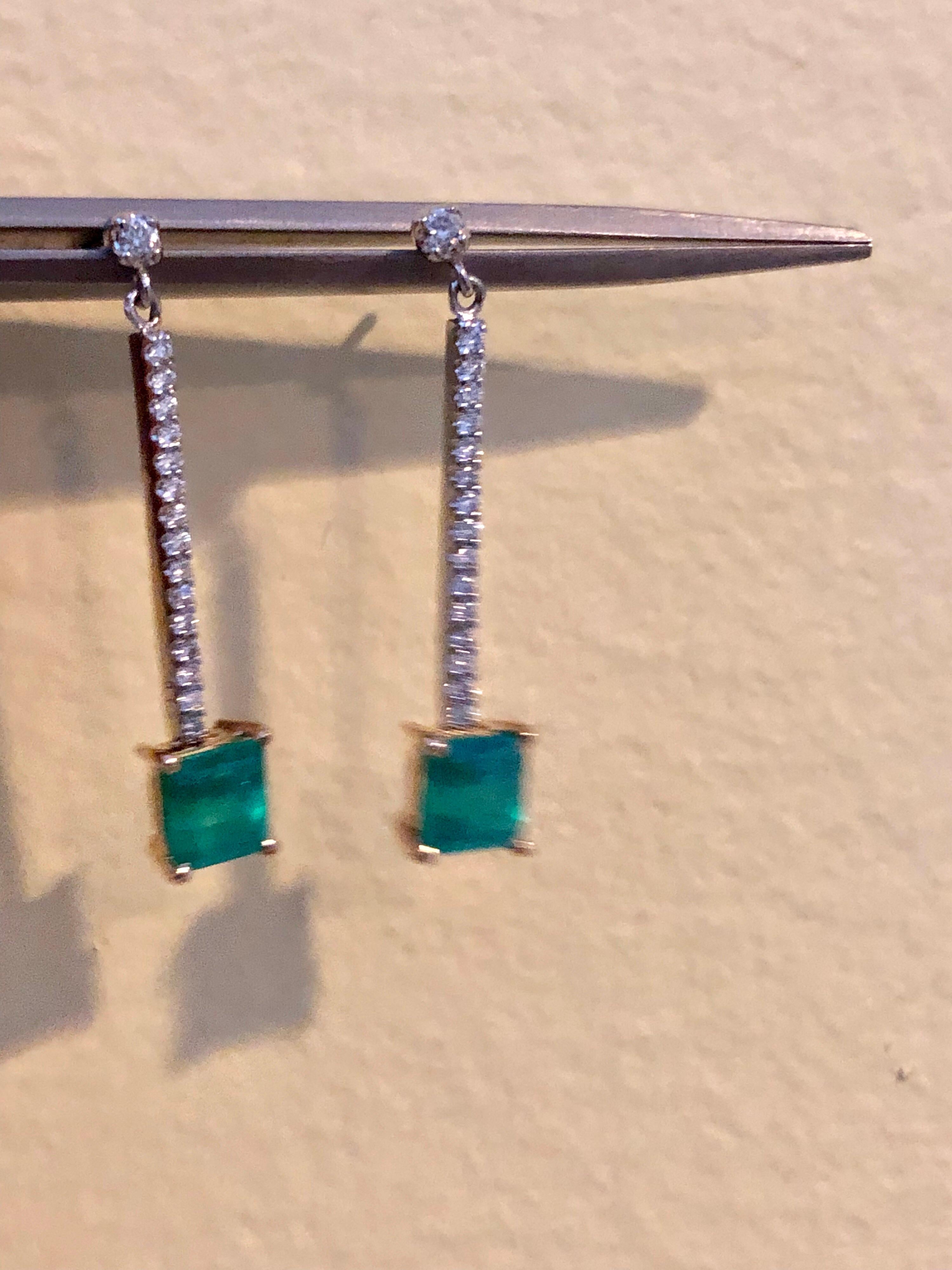 Colombian Emerald Diamond Platinum 18K Dangle Earrings For Sale 6