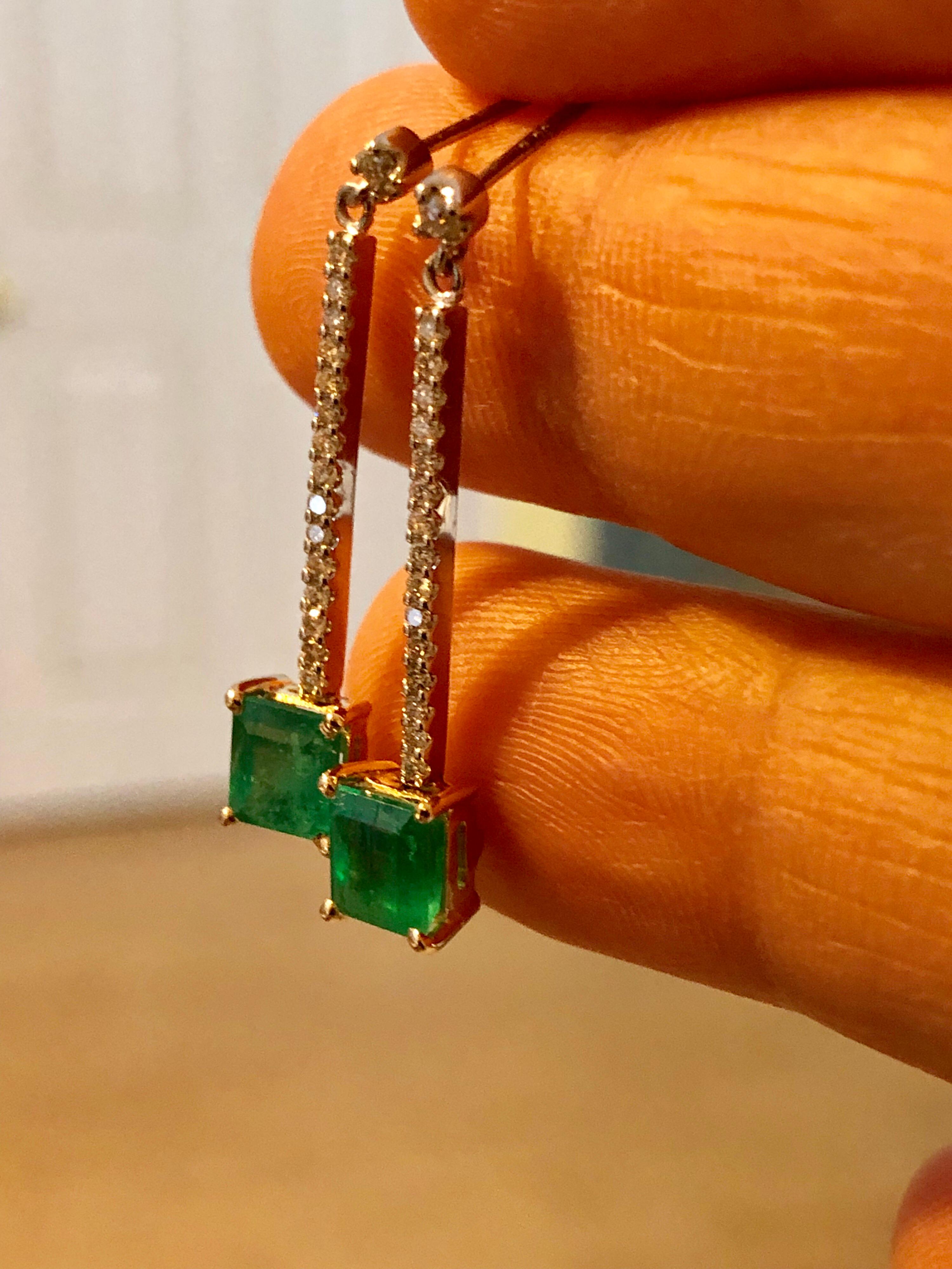 Colombian Emerald Diamond Platinum 18K Dangle Earrings For Sale 3