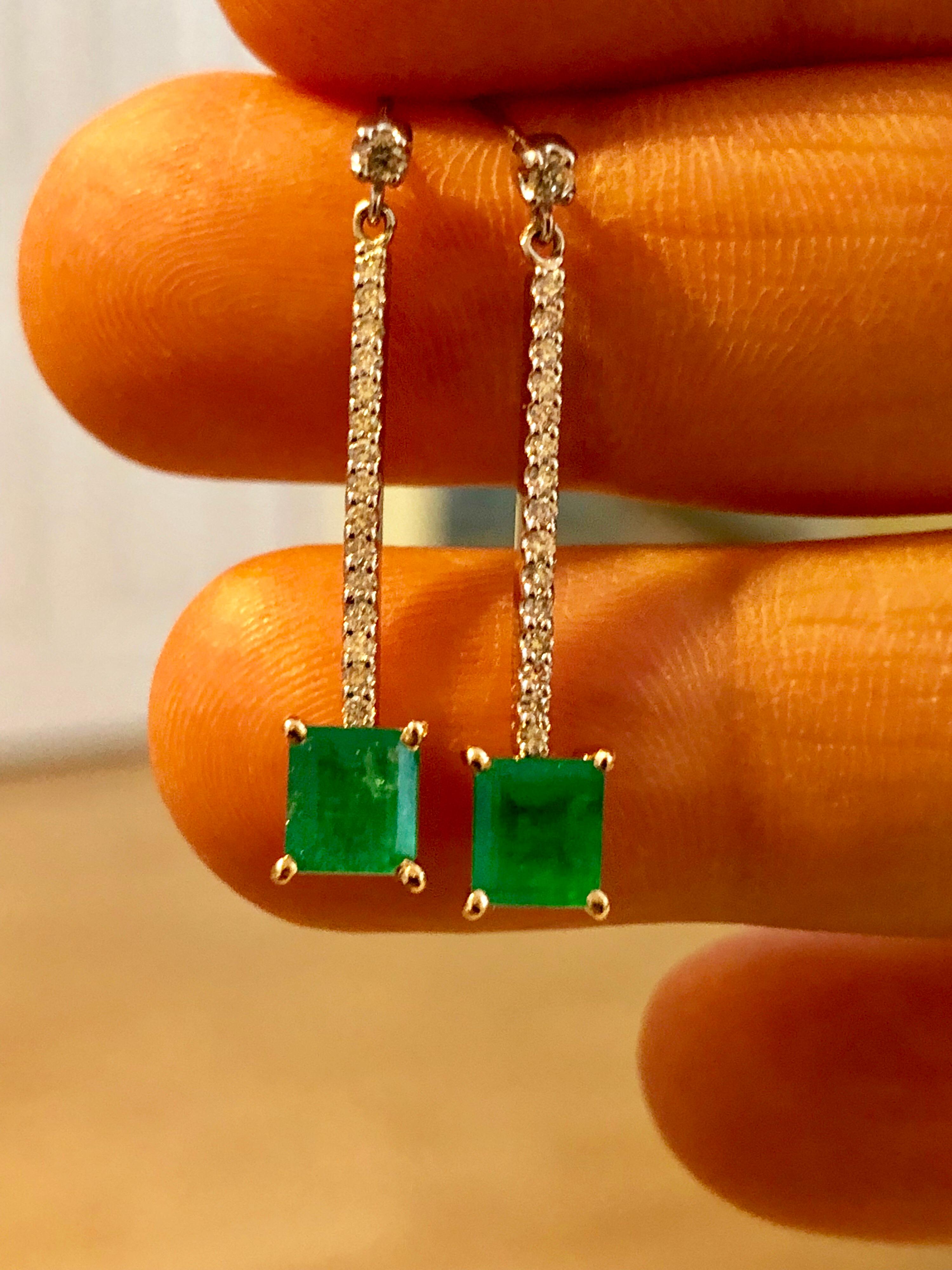 Colombian Emerald Diamond Platinum 18K Dangle Earrings For Sale 7