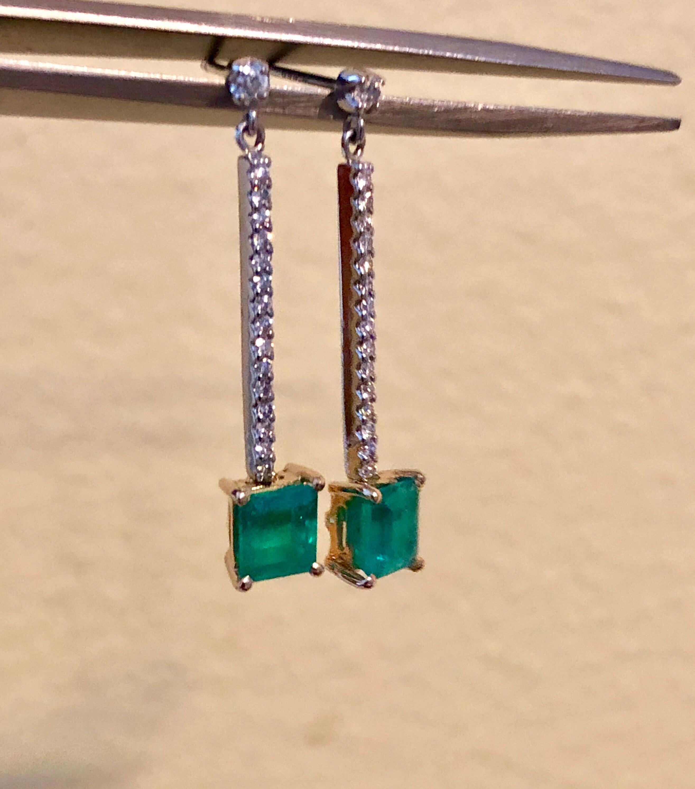 Colombian Emerald Diamond Platinum 18K Dangle Earrings For Sale 2