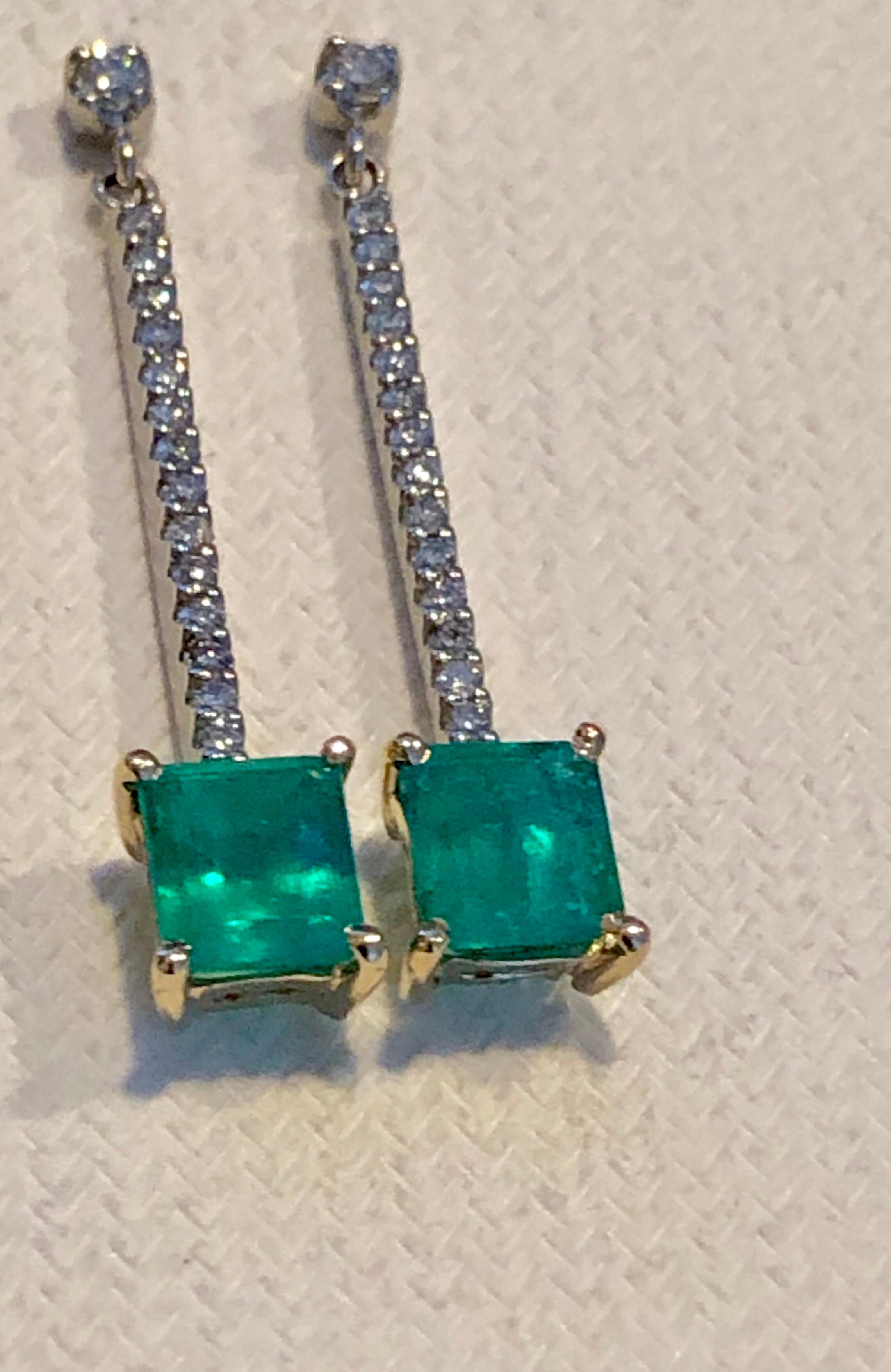 Colombian Emerald Diamond Platinum 18K Dangle Earrings For Sale 4