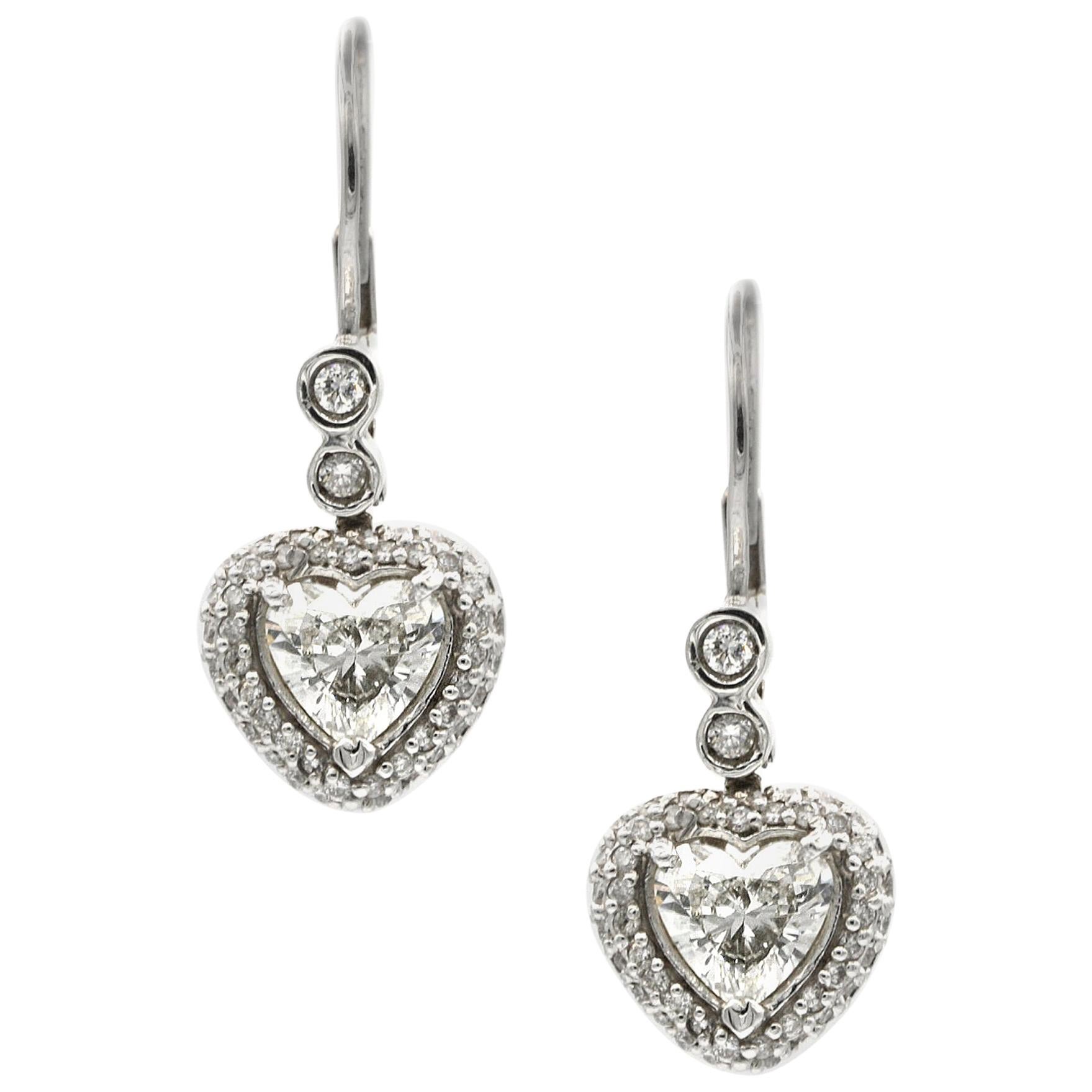 1.74 Carat Heart Shaped White Diamond Earrings in 14 Karat White Gold For Sale