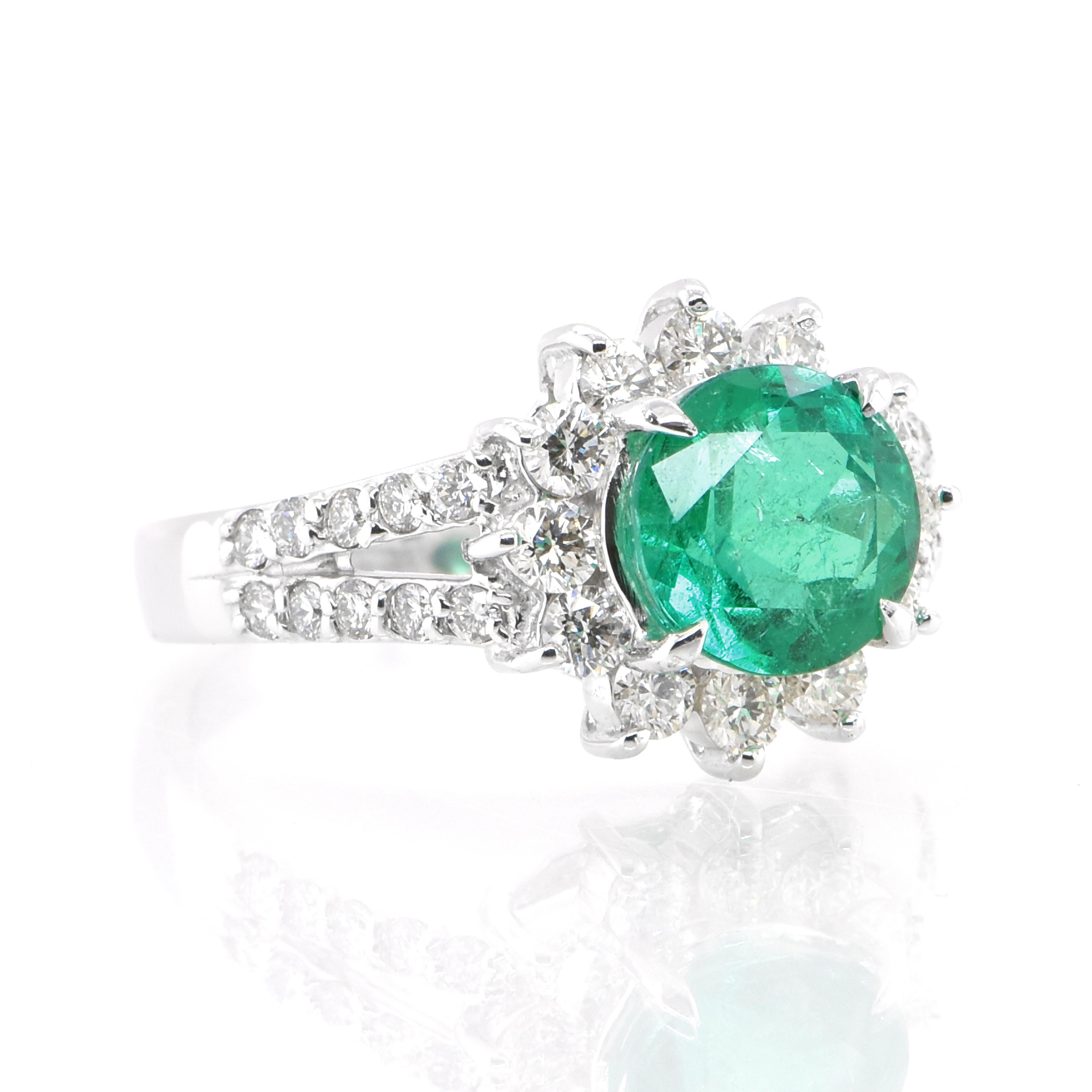 Round Cut 1.74 Carat Natural Colombian, Round-Cut Emerald and Diamond Ring Set in Platinum