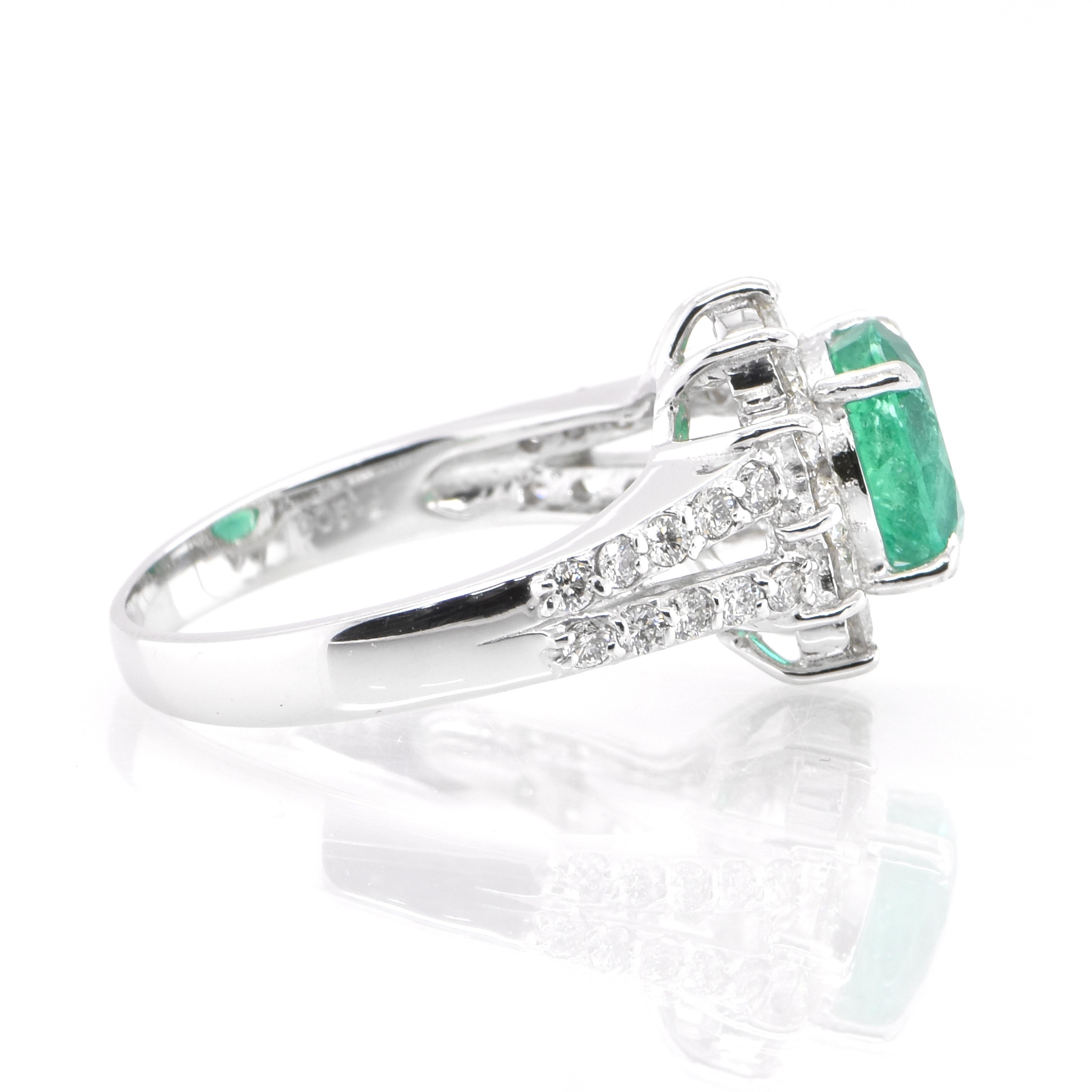 Women's 1.74 Carat Natural Colombian, Round-Cut Emerald and Diamond Ring Set in Platinum