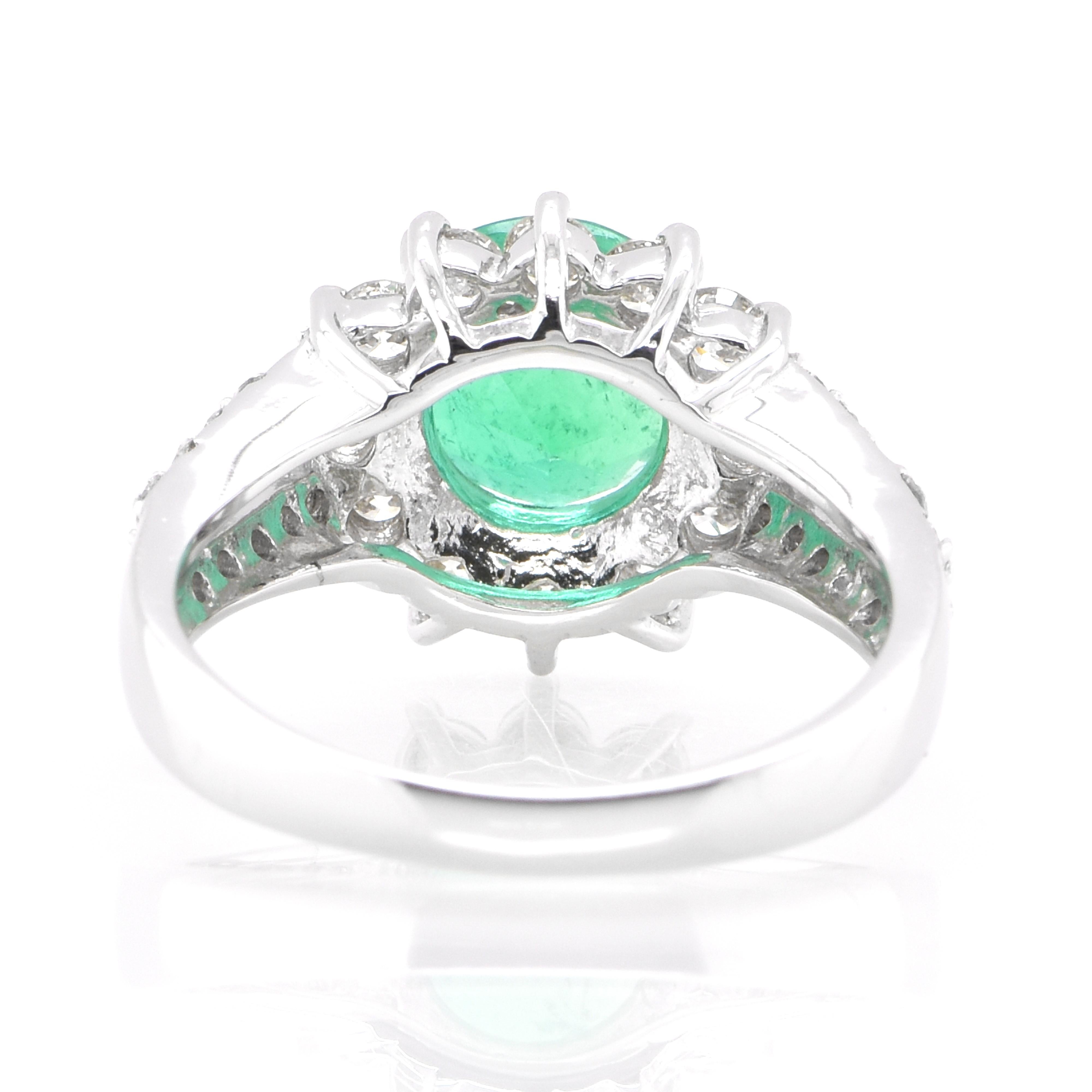 1.74 Carat Natural Colombian, Round-Cut Emerald and Diamond Ring Set in Platinum 1
