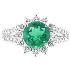 1.74 Carat Natural Colombian, Round-Cut Emerald and Diamond Ring Set in Platinum