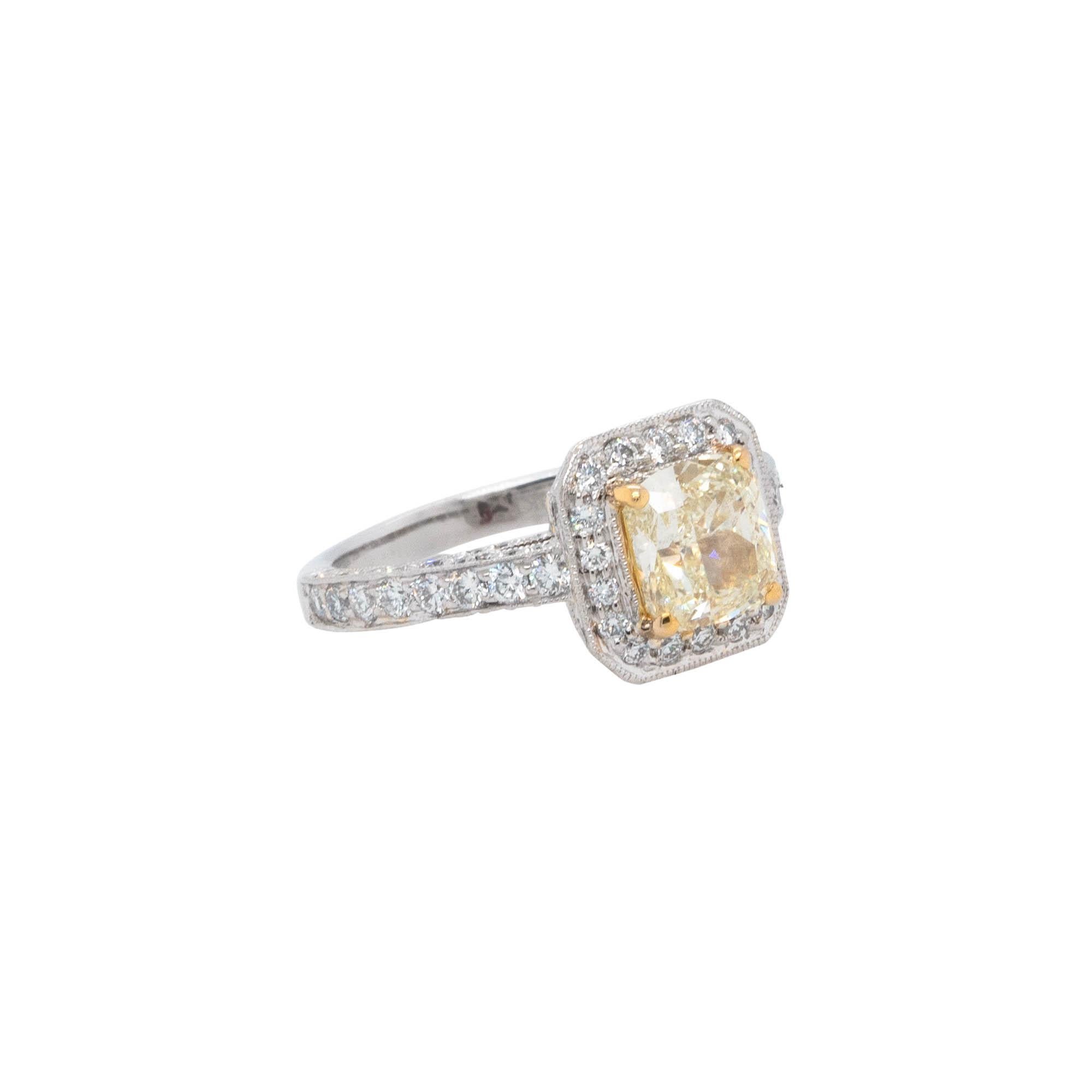 1.74 Carat Natural Cushion Cut Fancy Yellow Diamond Halo Ring In New Condition For Sale In Boca Raton, FL