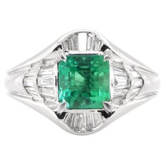  1.74 Carat Natural Emerald and Diamond Vintage Ring Set in Platinum