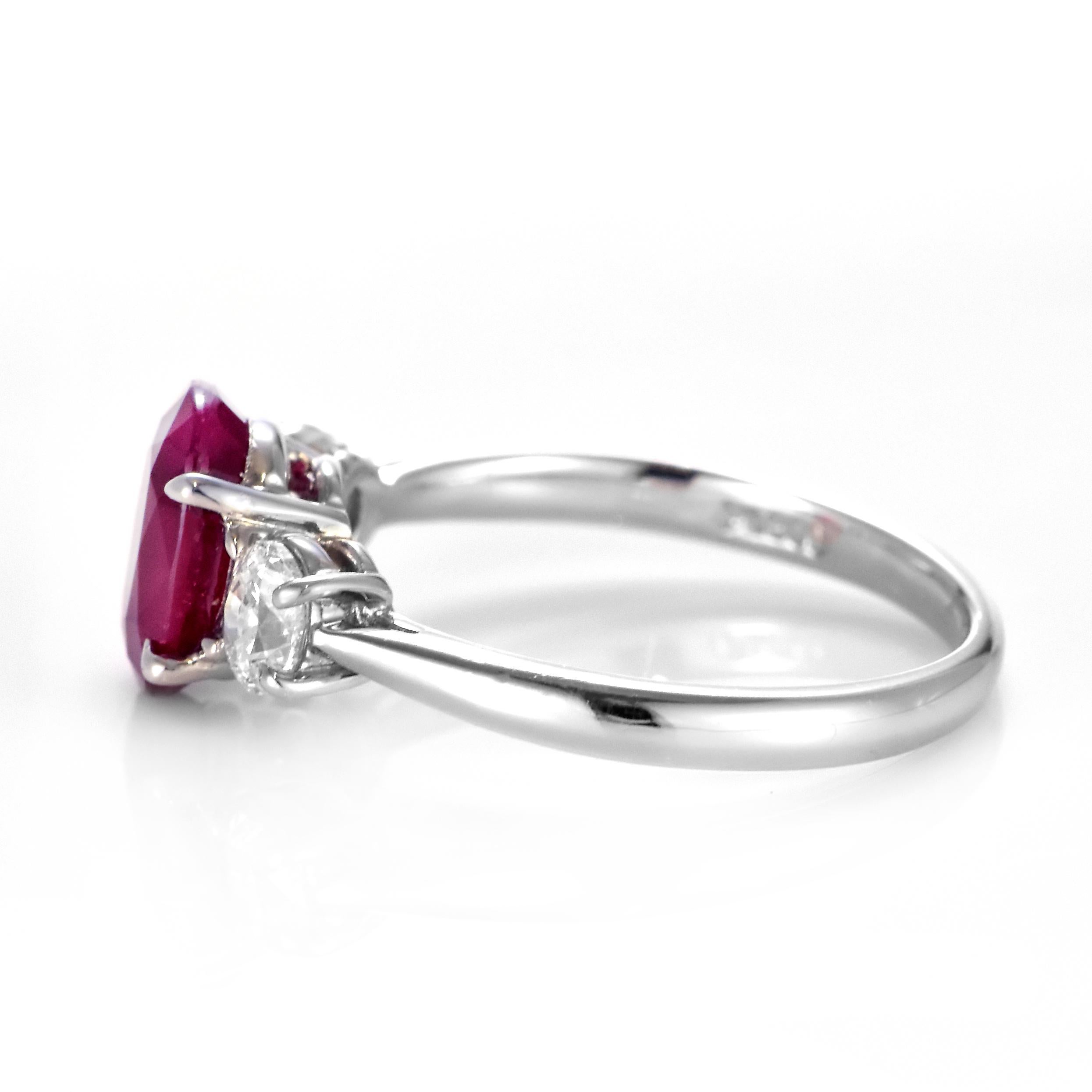1.74 Carat Natural Ruby and Diamond Three Stone Ring Made in Platinum For Sale 5