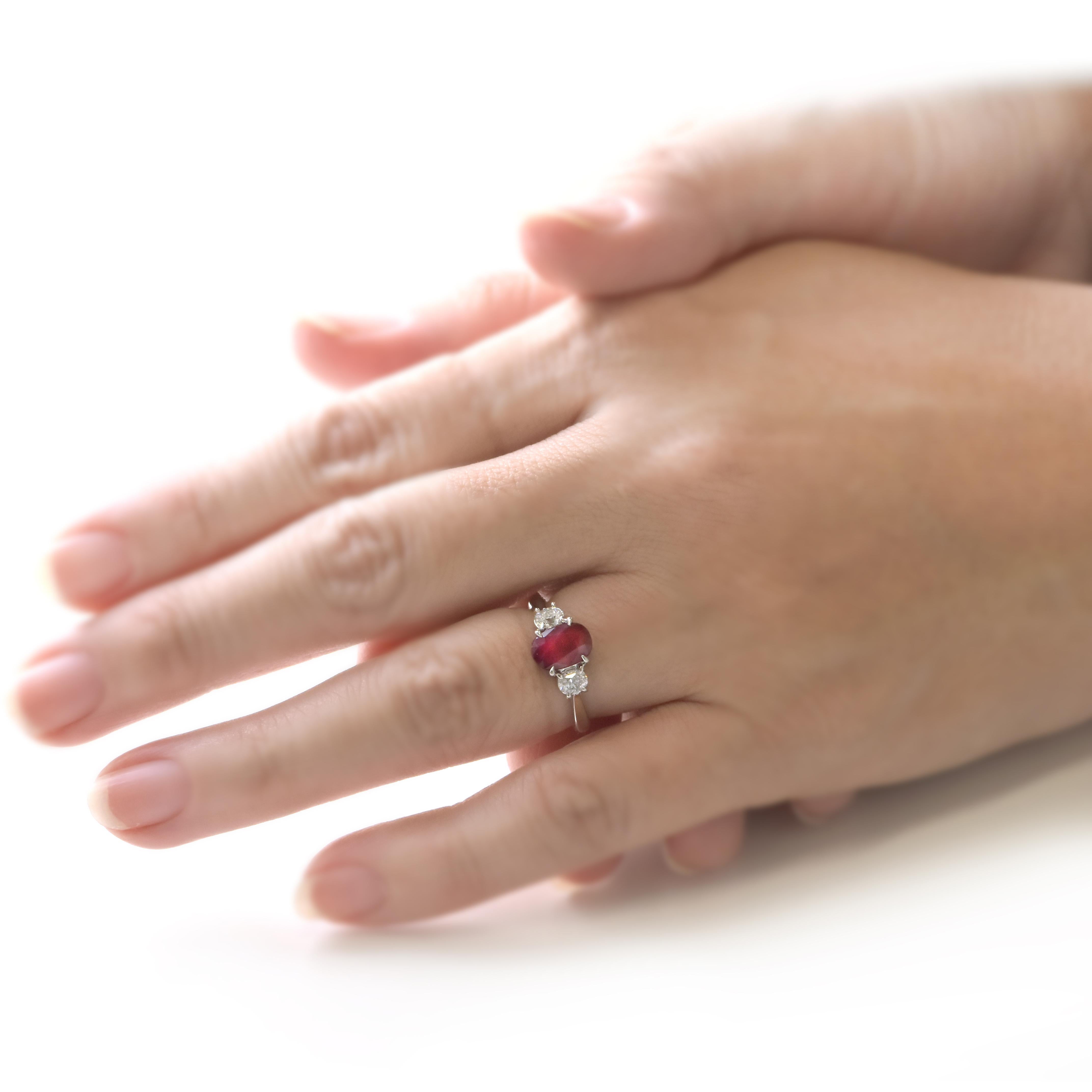 1.74 Carat Natural Ruby and Diamond Three Stone Ring Made in Platinum For Sale 6