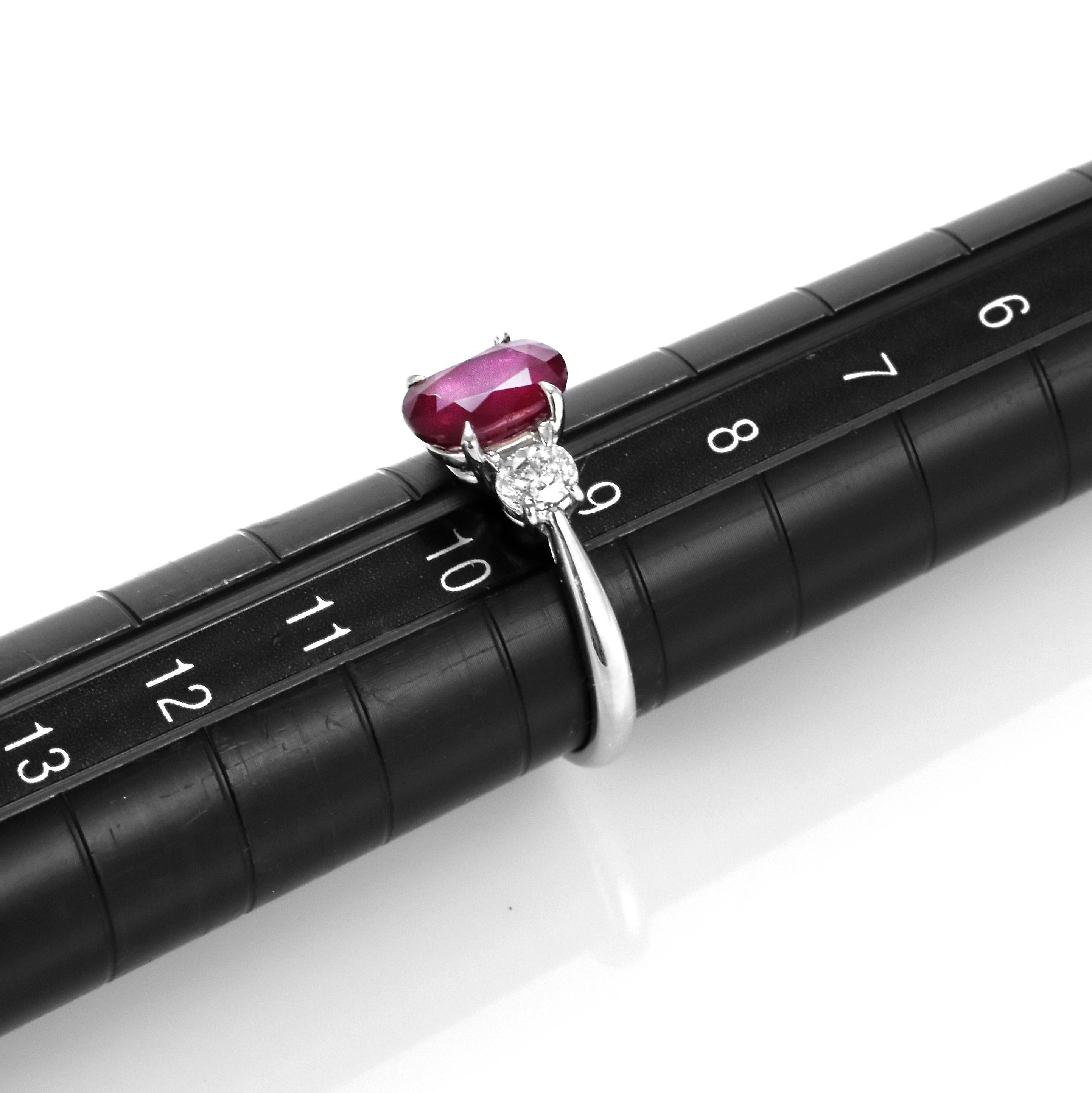1.74 Carat Natural Ruby and Diamond Three Stone Ring Made in Platinum For Sale 7