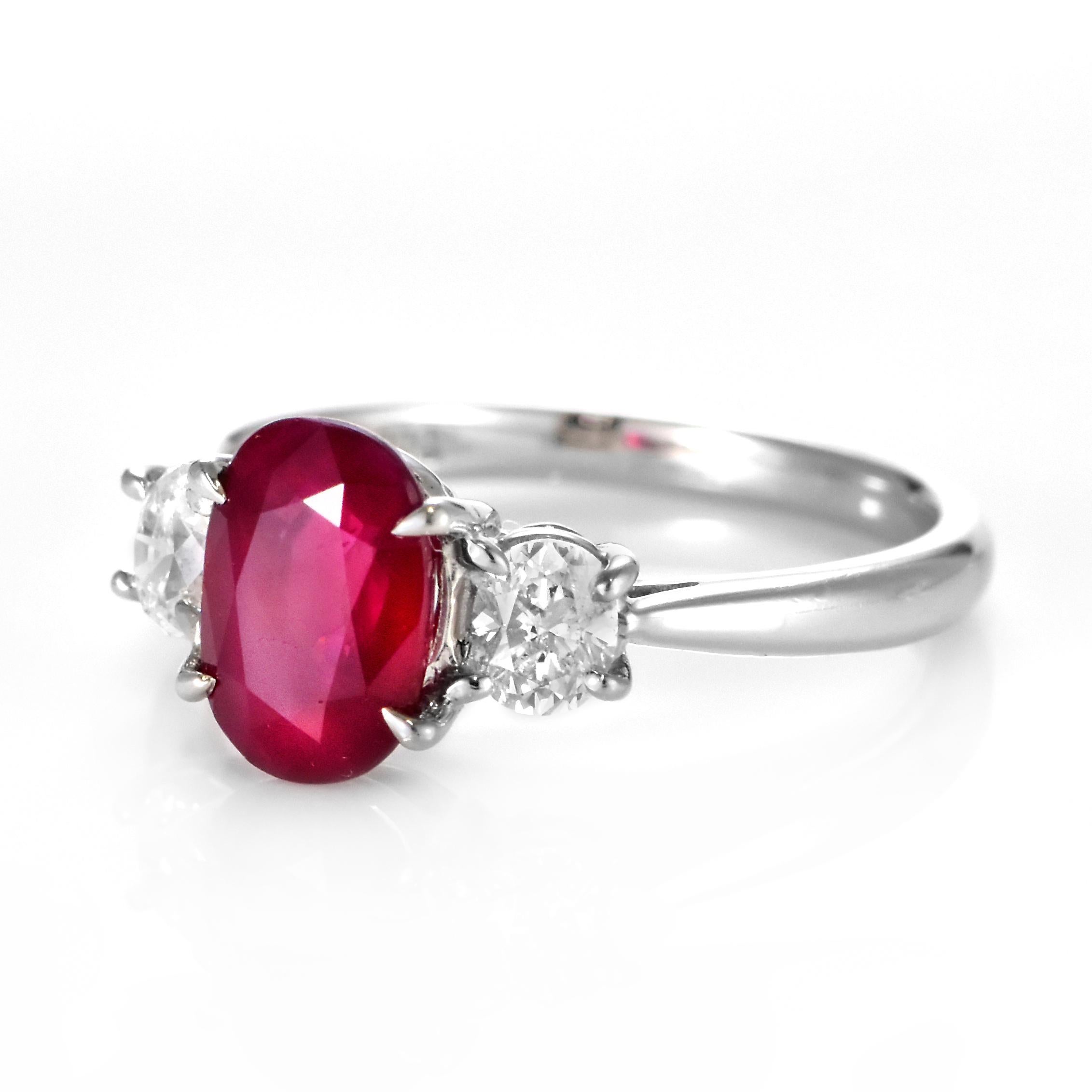 Modern 1.74 Carat Natural Ruby and Diamond Three Stone Ring Made in Platinum For Sale