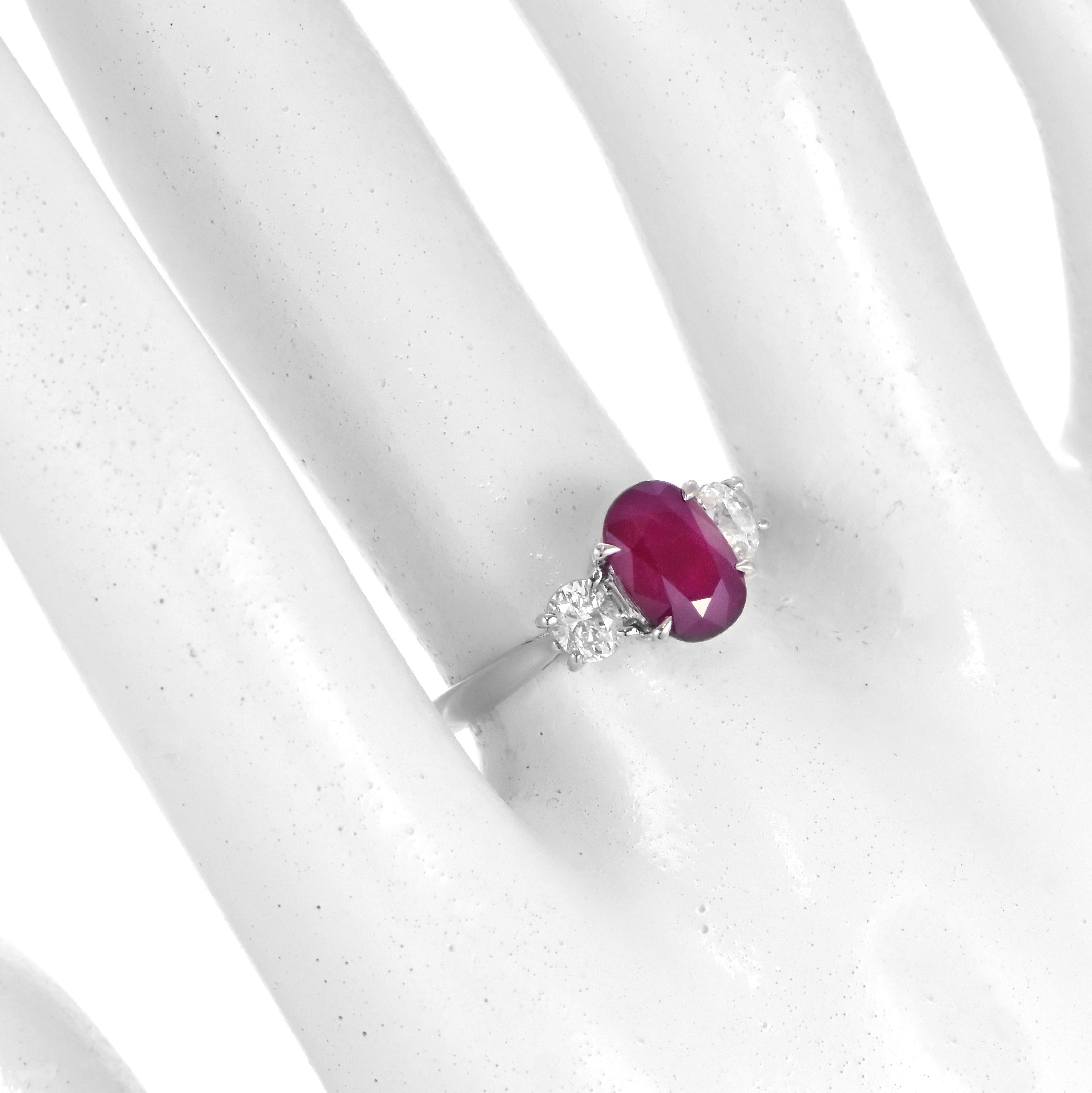 Oval Cut 1.74 Carat Natural Ruby and Diamond Three Stone Ring Made in Platinum For Sale