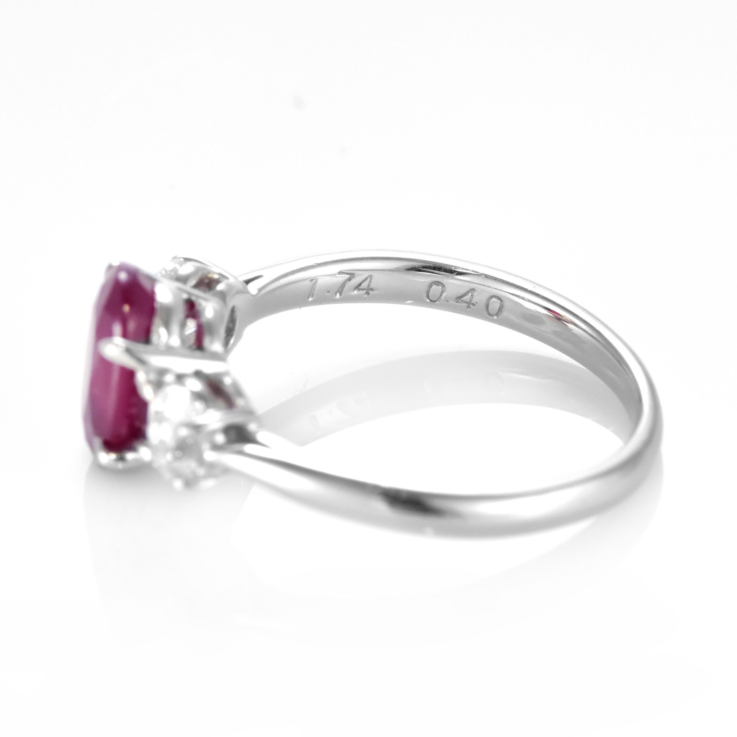 Women's 1.74 Carat Natural Ruby and Diamond Three Stone Ring Made in Platinum For Sale