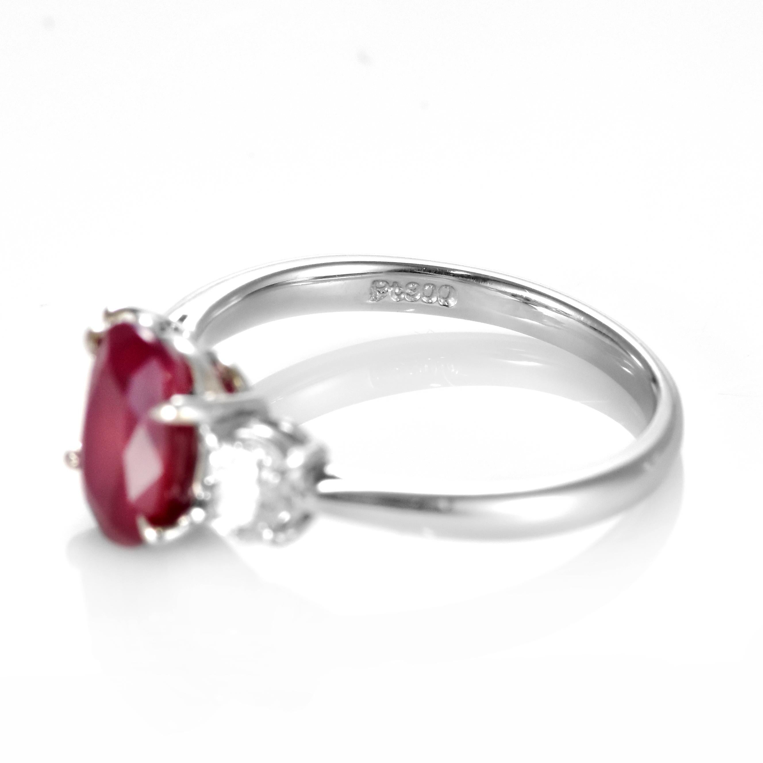 1.74 Carat Natural Ruby and Diamond Three Stone Ring Made in Platinum For Sale 1