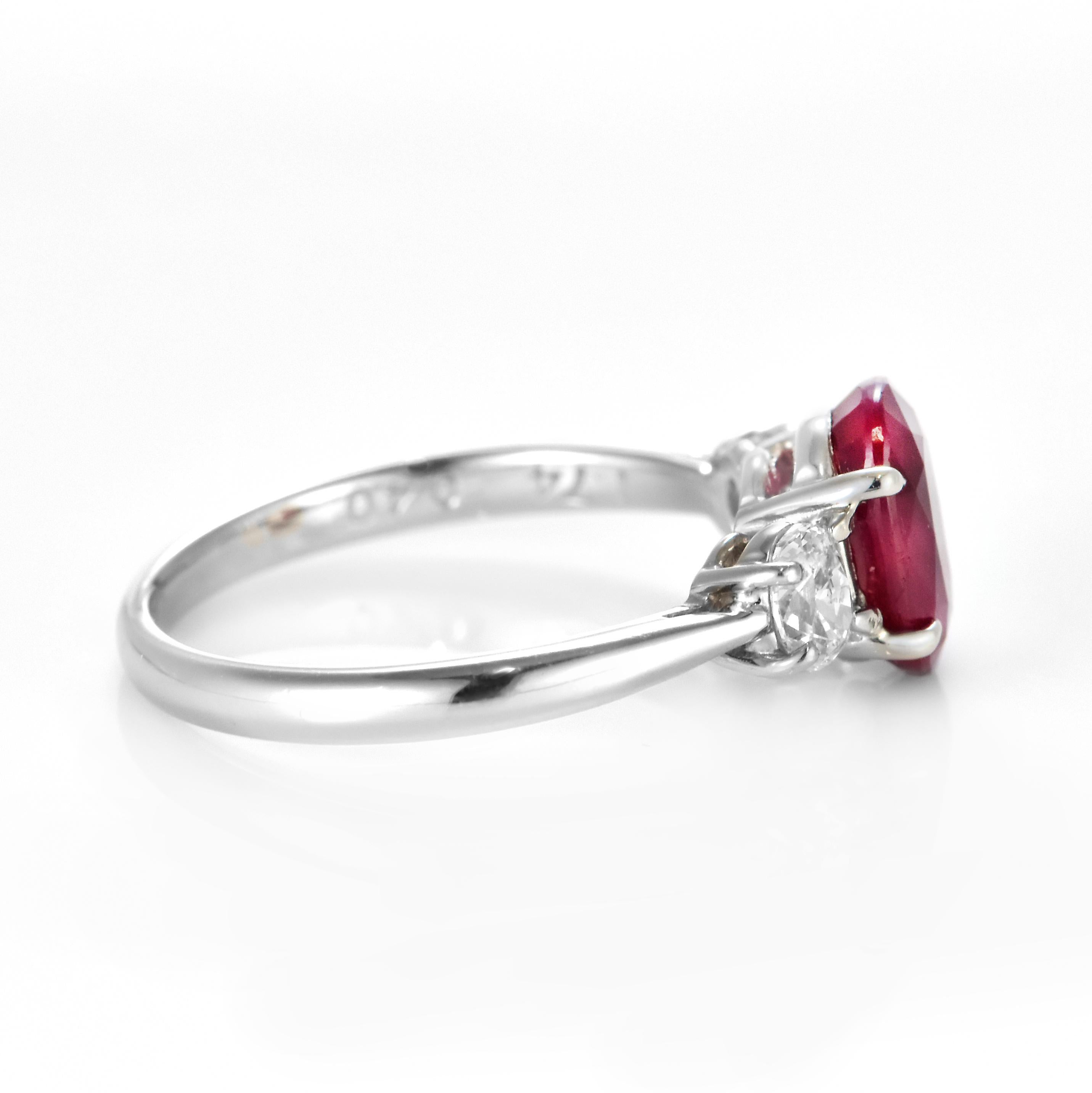 1.74 Carat Natural Ruby and Diamond Three Stone Ring Made in Platinum For Sale 2