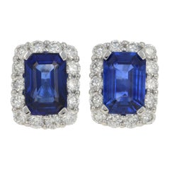 1.74 Carat Radiant Cut Sapphire and Diamond Halo Earrings 18k Gold Pierced Studs
