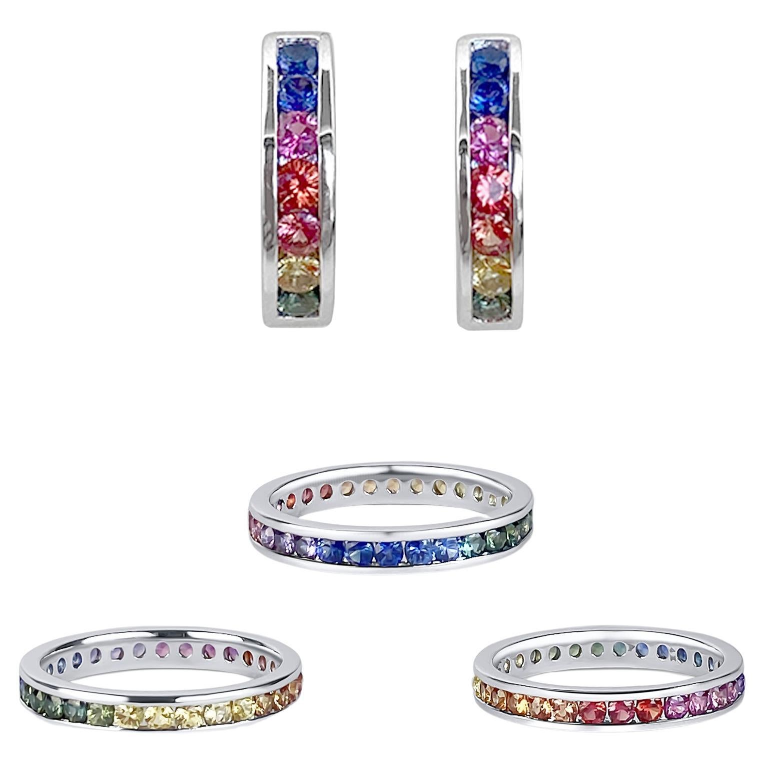 1.74 Carat Rainbow Color Natural Ceylon Sapphire Ring and Earrings Set 