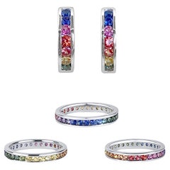 1.74 Carat Rainbow Color Natural Ceylon Sapphire Ring and Earrings Set 