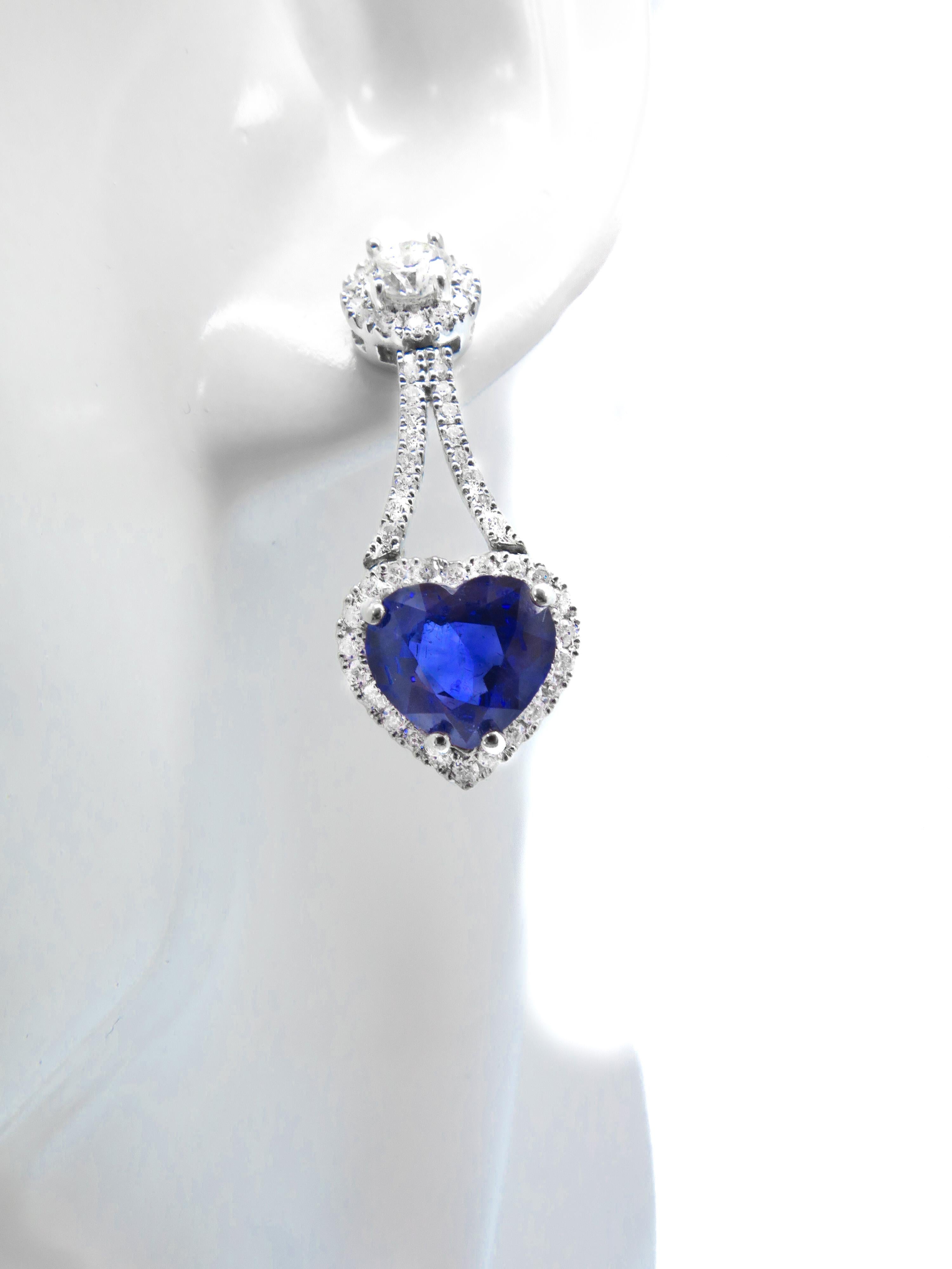 Round Cut Platinum White Diamond 4.49 Carat Blue SapphireHeart Shape Drop Earrings For Sale