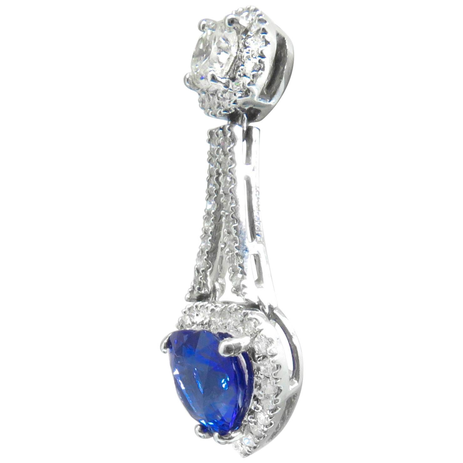 Platinum White Diamond 4.49 Carat Blue SapphireHeart Shape Drop Earrings For Sale
