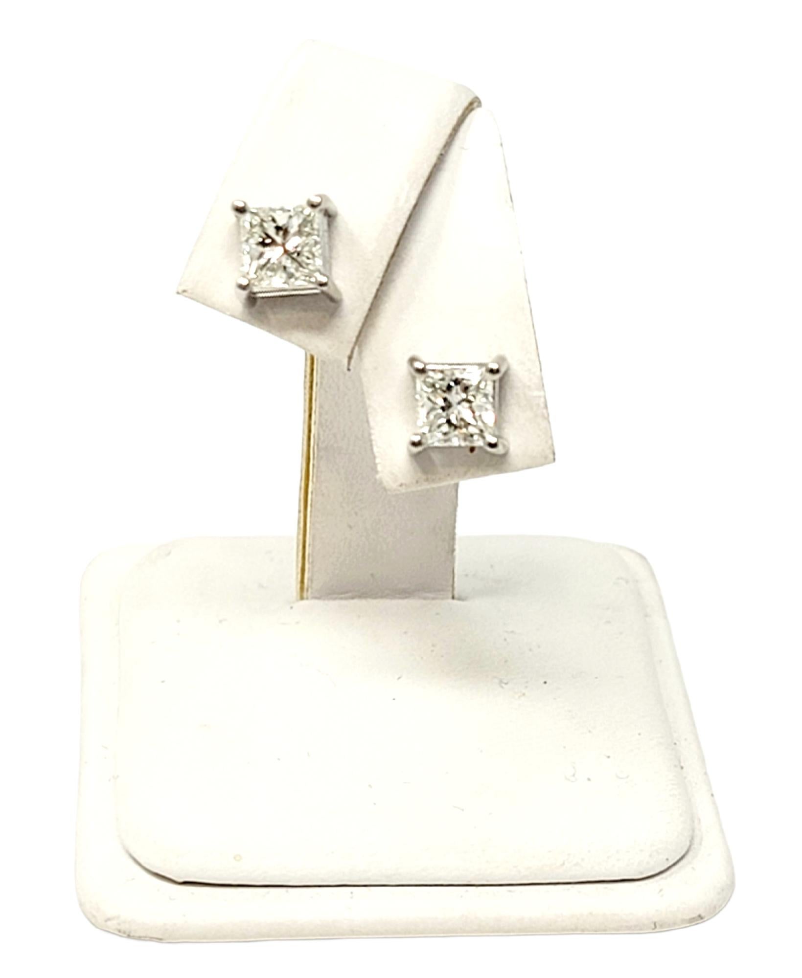 1.74 Carat Total Princess Cut Solitaire Diamond Stud Earrings in 14 Karat Gold 7