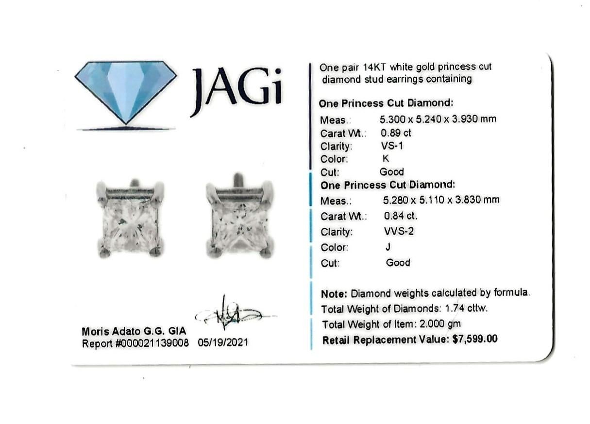 1.74 Carat Total Princess Cut Solitaire Diamond Stud Earrings in 14 Karat Gold 9