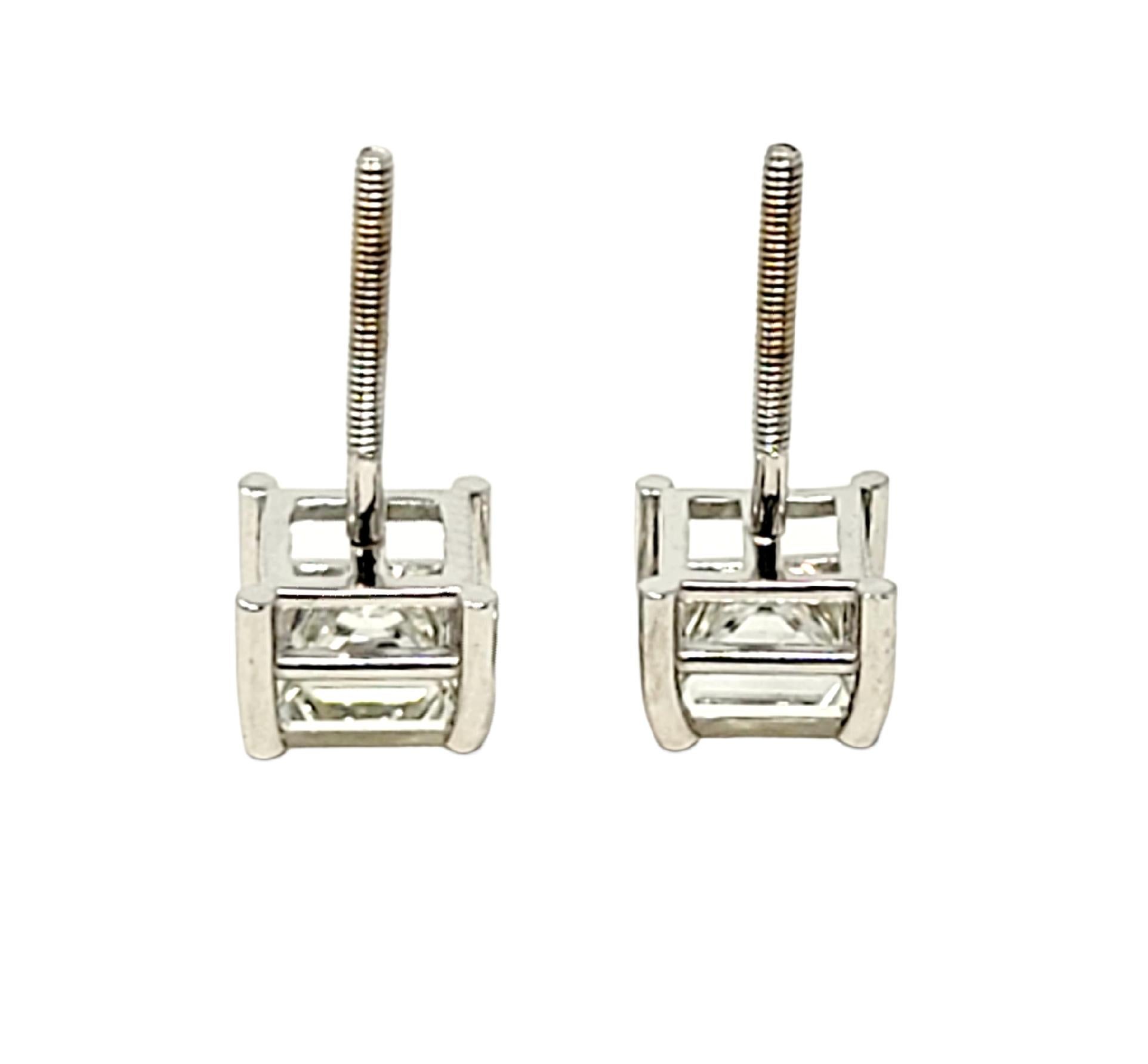 Women's or Men's 1.74 Carat Total Princess Cut Solitaire Diamond Stud Earrings in 14 Karat Gold