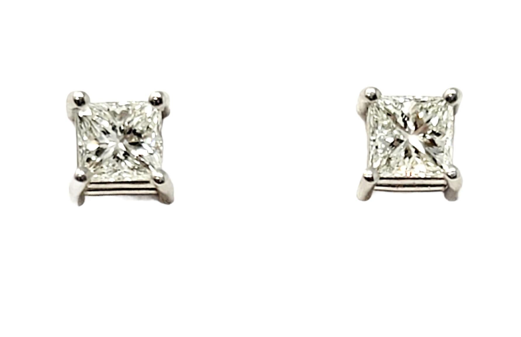 1.74 Carat Total Princess Cut Solitaire Diamond Stud Earrings in 14 Karat Gold 4