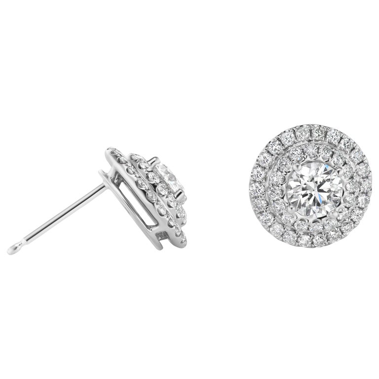 1.74 Carat Total Weight Double Halo Diamond Stud Earrings For Sale at