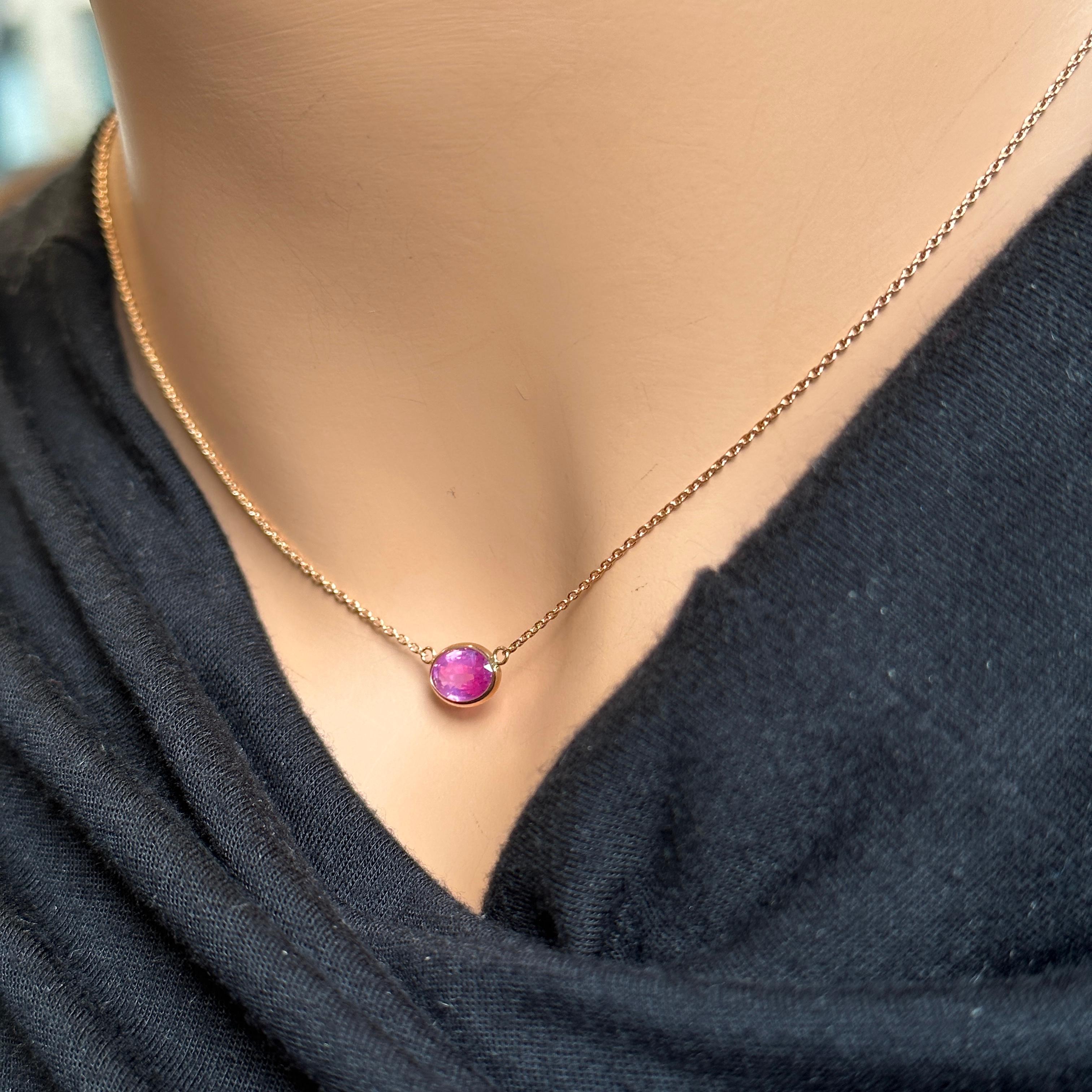 Contemporary 1.74 Ct Weight Certified Pink Sapphire Oval Cut Solitaire Necklace In 14K RG For Sale