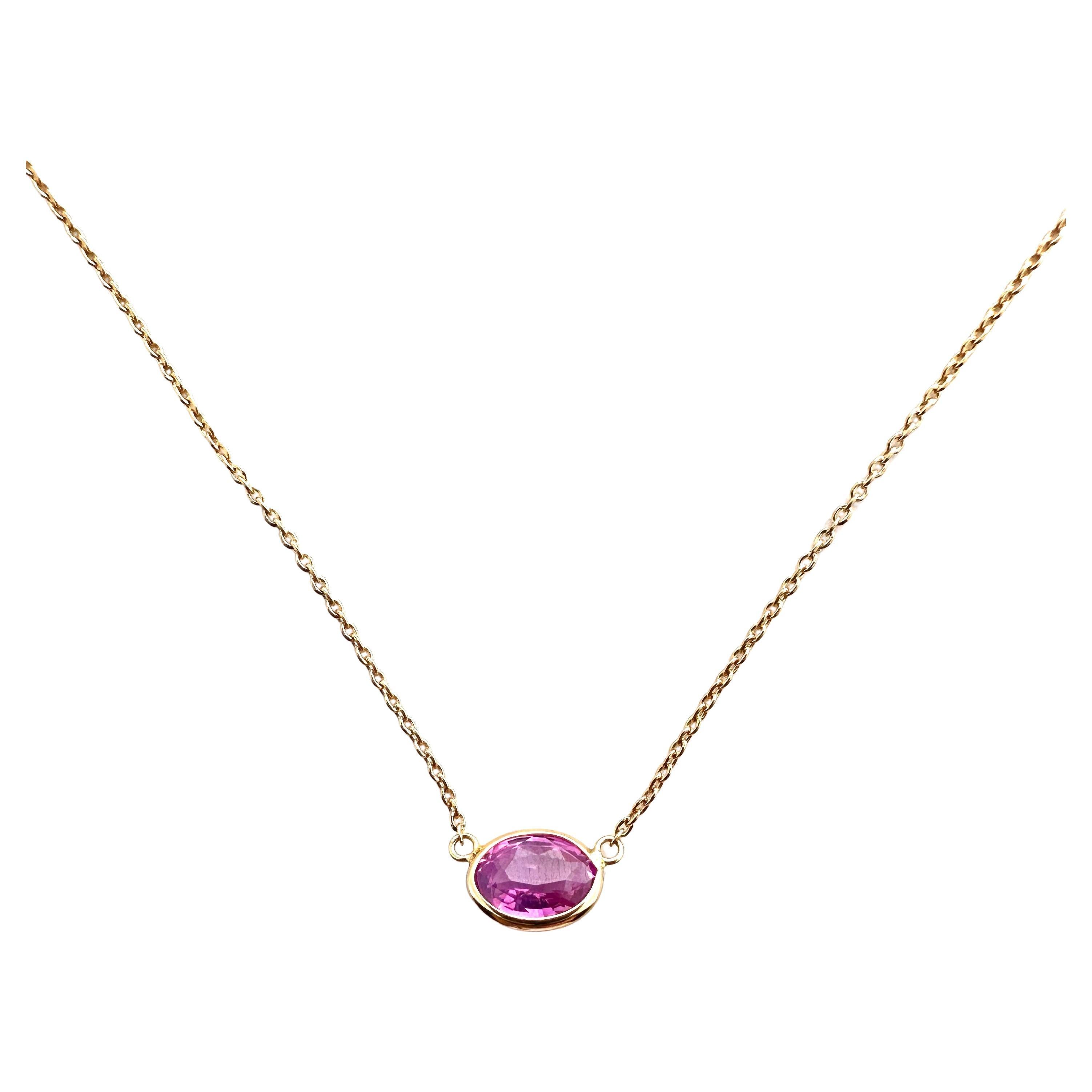 1.74 Ct Weight Certified Pink Sapphire Oval Cut Solitaire Necklace In 14K RG For Sale