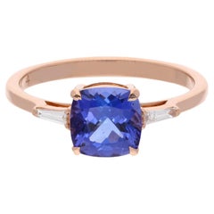 1.74 CTW Cushion Cut Tanzanite Baguette Diamond Wedding Ring 18k Rose Gold