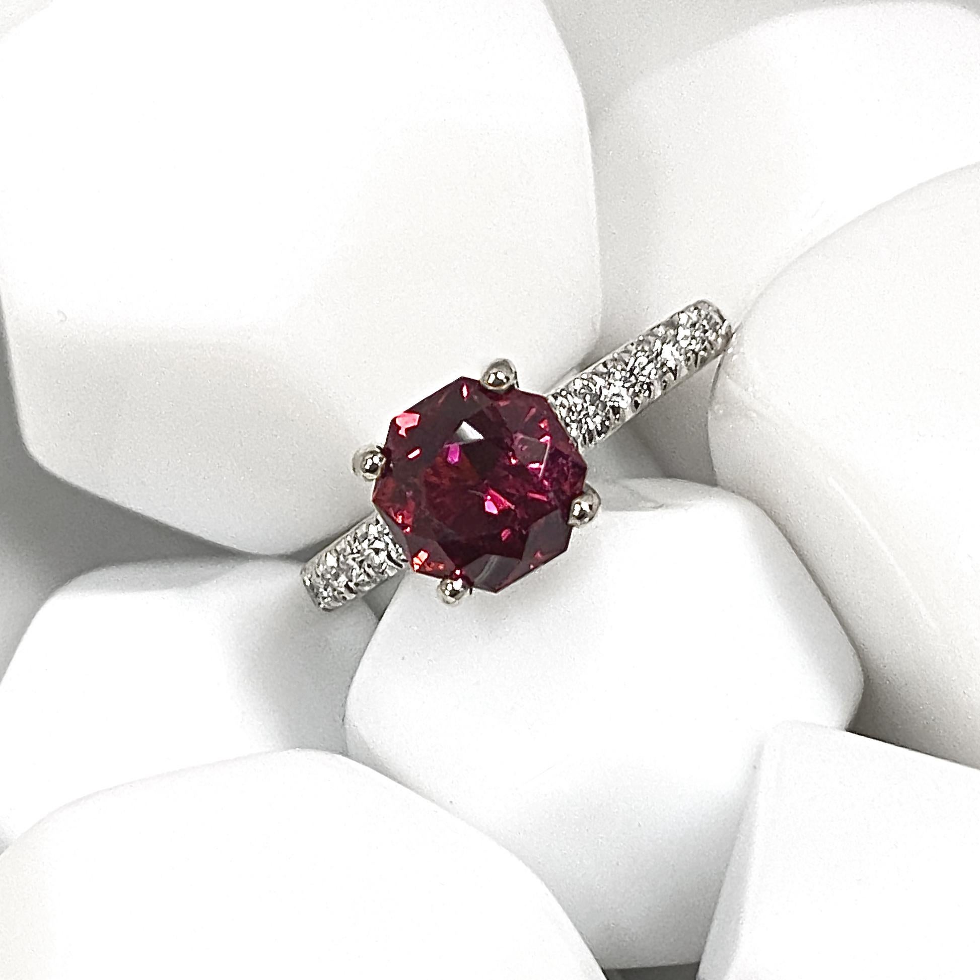 Contemporary 1.7 Carat Dark Pink Tourmaline Octagon in White Gold Ring with Diamond Band