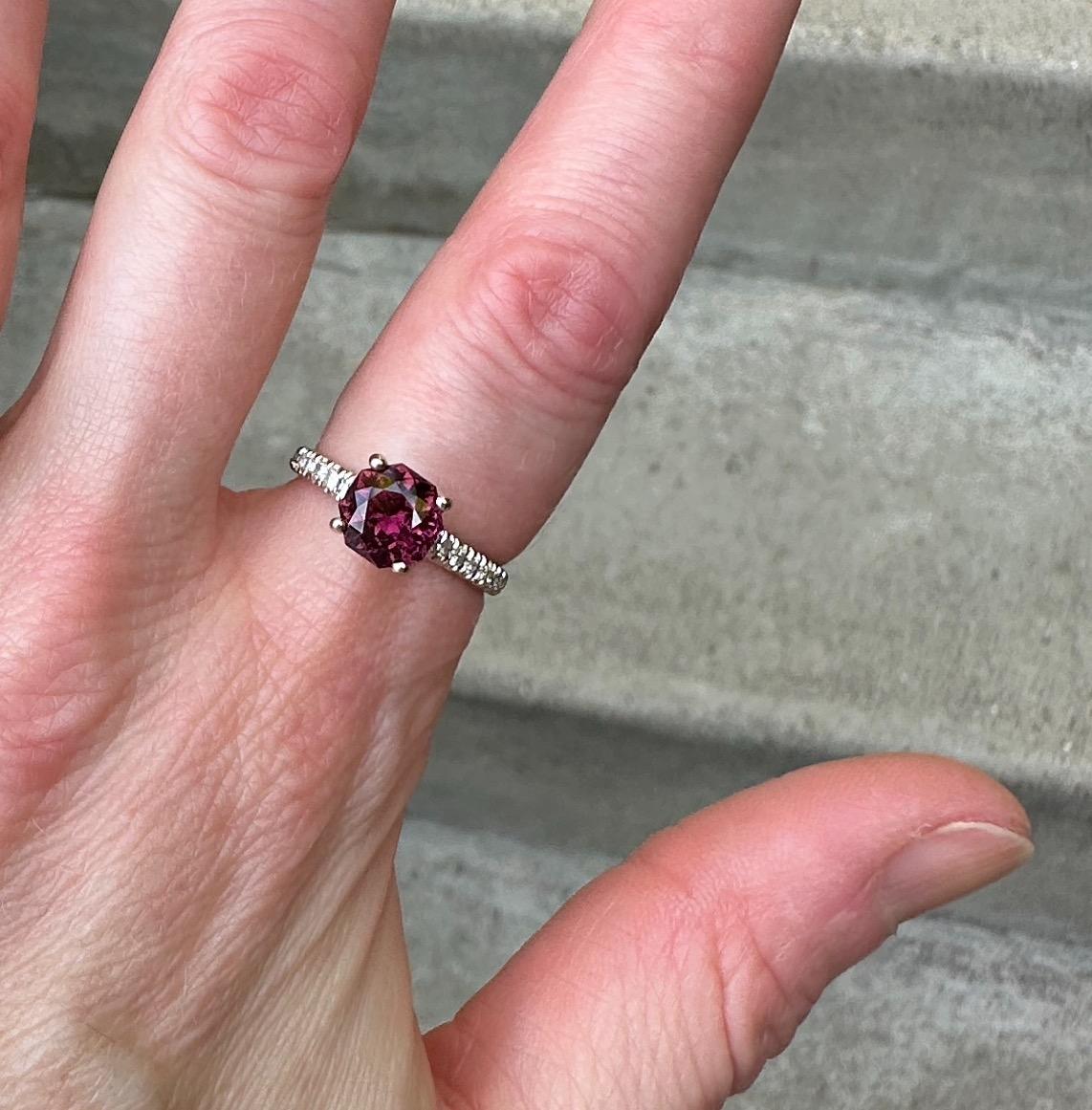 1.7 Carat Dark Pink Tourmaline Octagon in White Gold Ring with Diamond Band 2