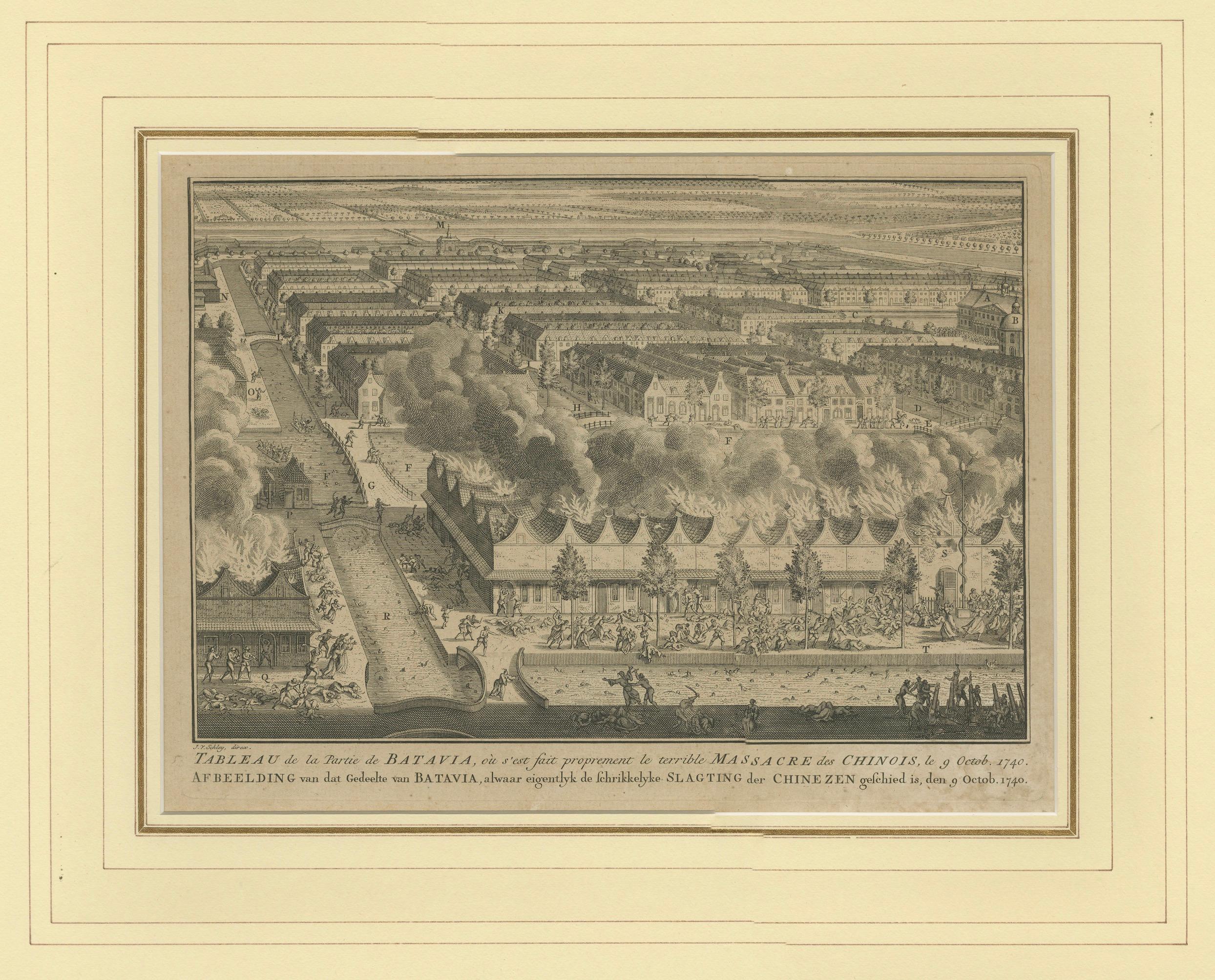 1740 Incisione sul massacro cinese di Batavia - Indonesia coloniale olandese

Questa è un'incisione originale del XVIII secolo che raffigura il massacro cinese di Batavia del 9 ottobre 1740. Titolata in francese e olandese nel margine inferiore, la
