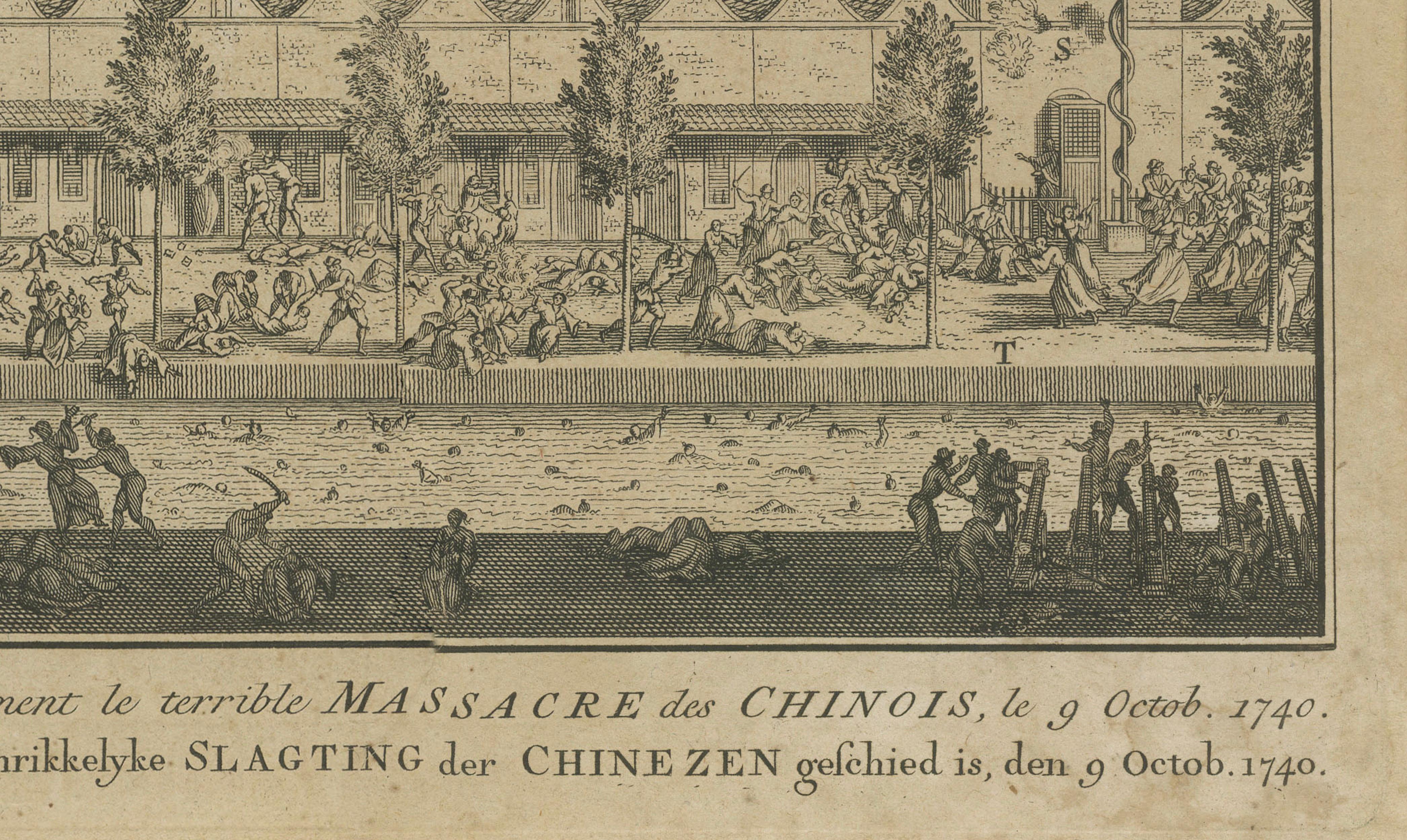 1740 Incisione sul massacro cinese di Batavia - Indonesia coloniale olandese In condizioni buone in vendita a Langweer, NL