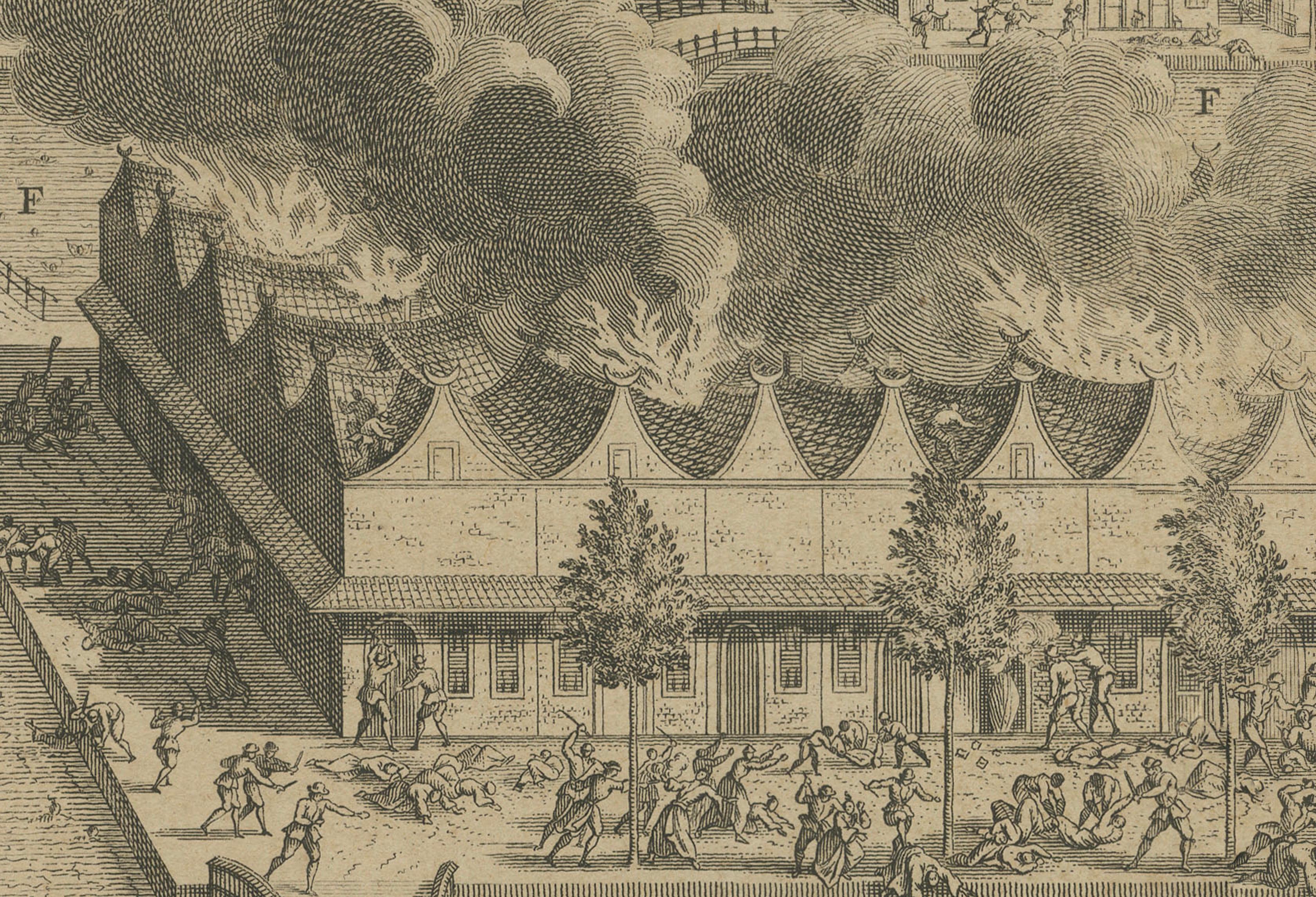 Carta 1740 Incisione sul massacro cinese di Batavia - Indonesia coloniale olandese in vendita