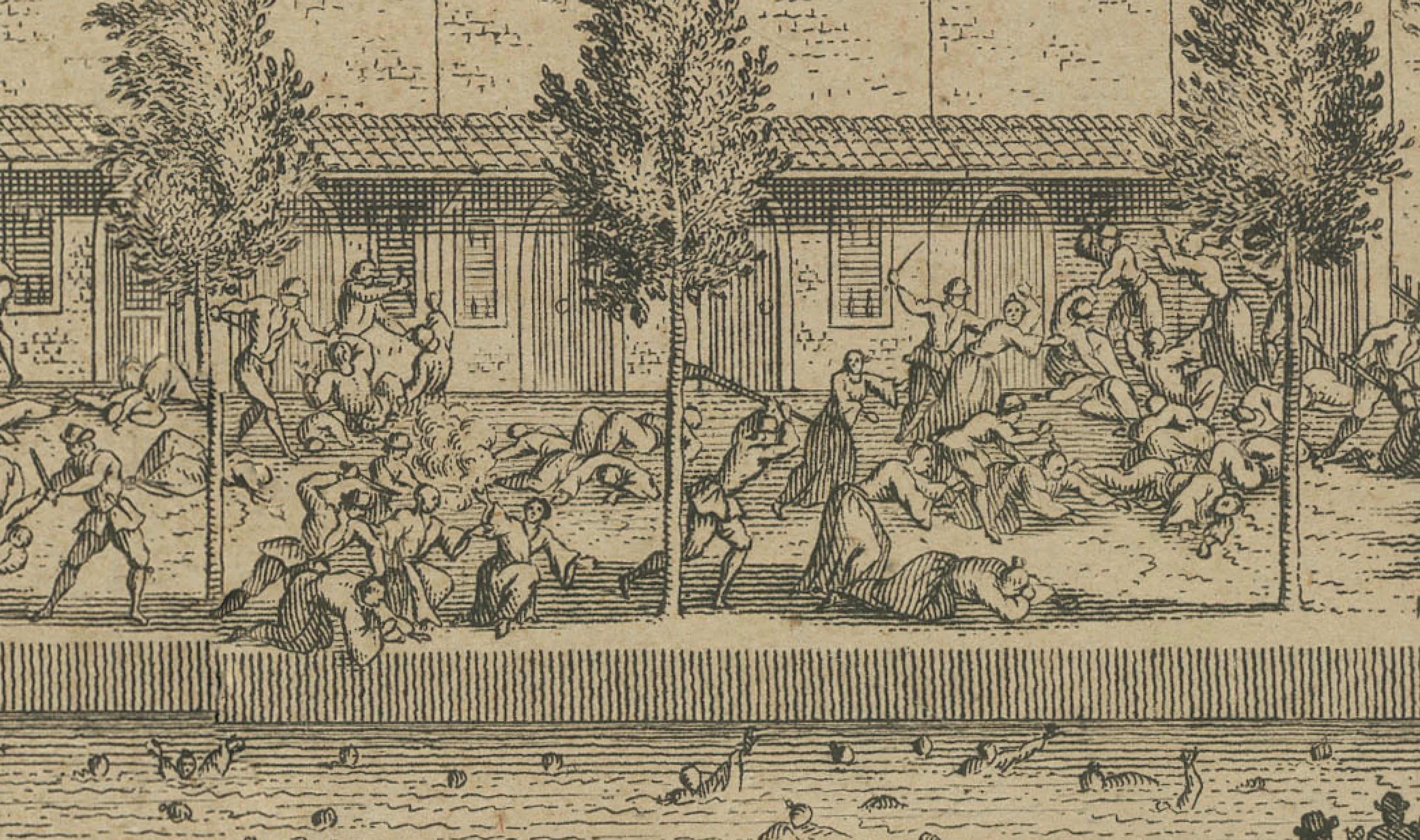 1740 Incisione sul massacro cinese di Batavia - Indonesia coloniale olandese in vendita 2