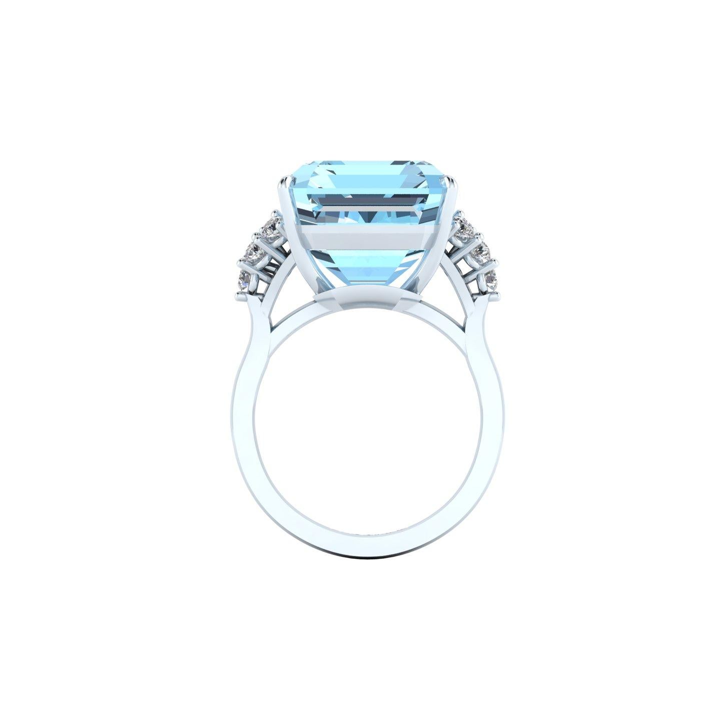 17.4 carat aquamarine, emerald set in an hand crafted, delicate and sophisticated looking Platinum 950 ring, manufactured with the best Italian manufacturing in New York, showcasing approximately 0.40 carat of white diamonds F/G color, VS clarity