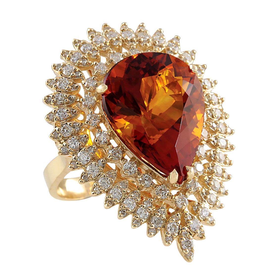 Introducing our exquisite 17.40 Carat Citrine Ring, elegantly crafted in 14K Yellow Gold. Each facet of this stunning piece is stamped with authenticity, showcasing a total ring weight of 14.8 grams. At its heart lies a mesmerizing citrine gemstone,