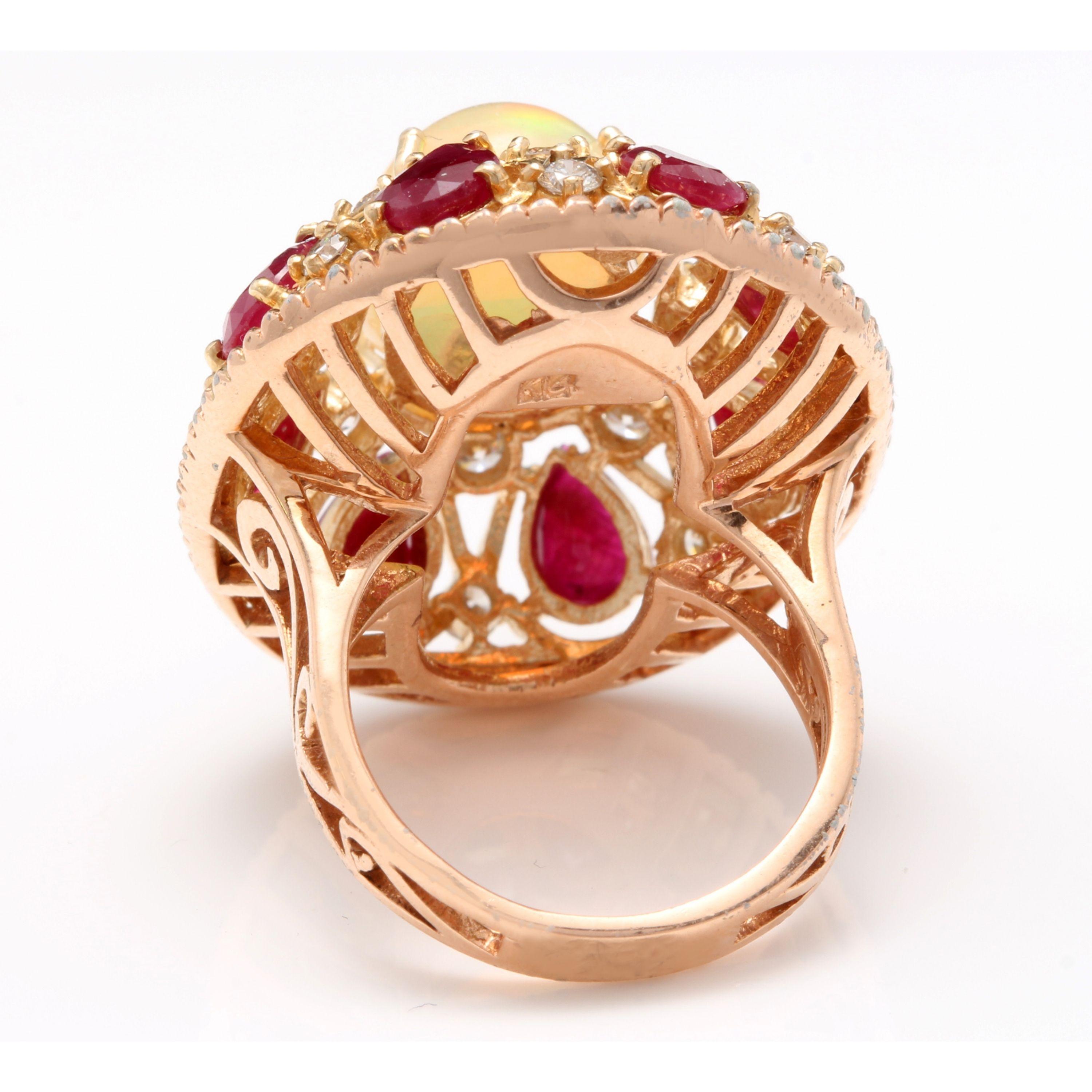 Mixed Cut 17.40 Carat Natural Ethiopian Opal, Ruby and Diamond 14 Karat Solid Gold Ring For Sale