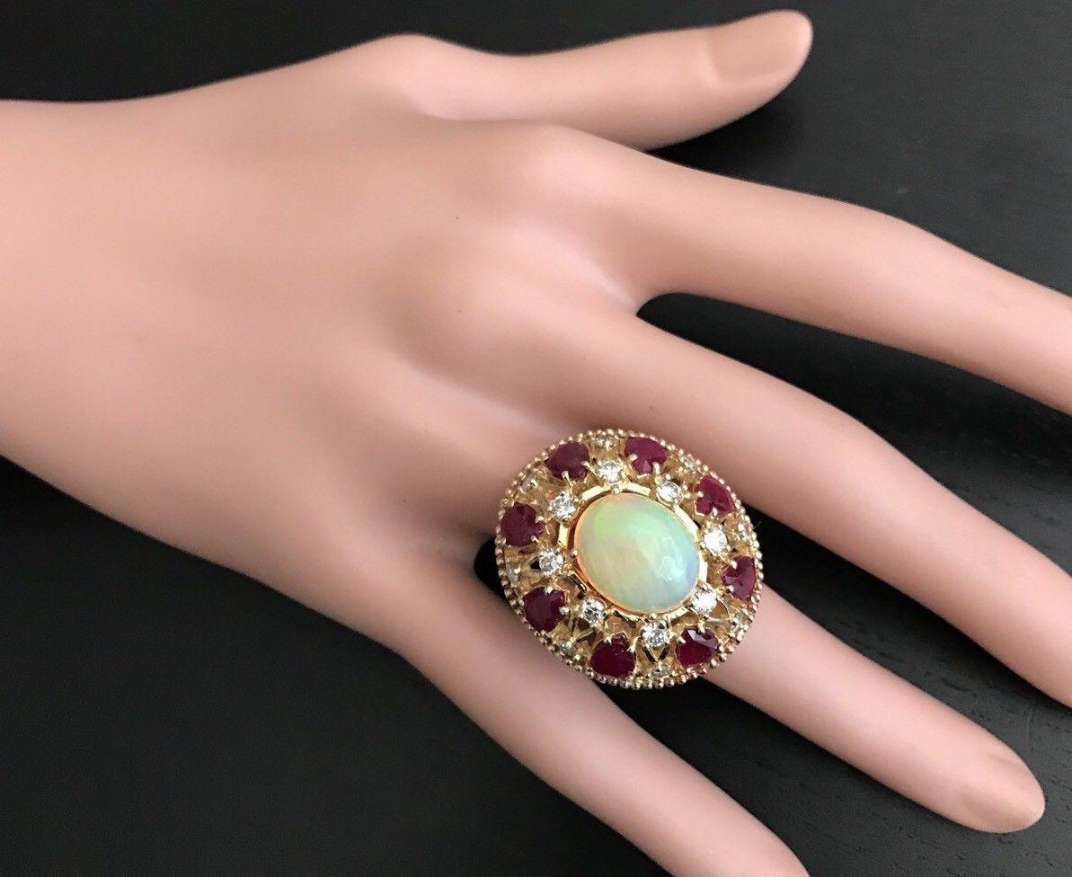 17.40 Carat Natural Ethiopian Opal, Ruby and Diamond 14 Karat Solid Gold Ring In New Condition For Sale In Los Angeles, CA