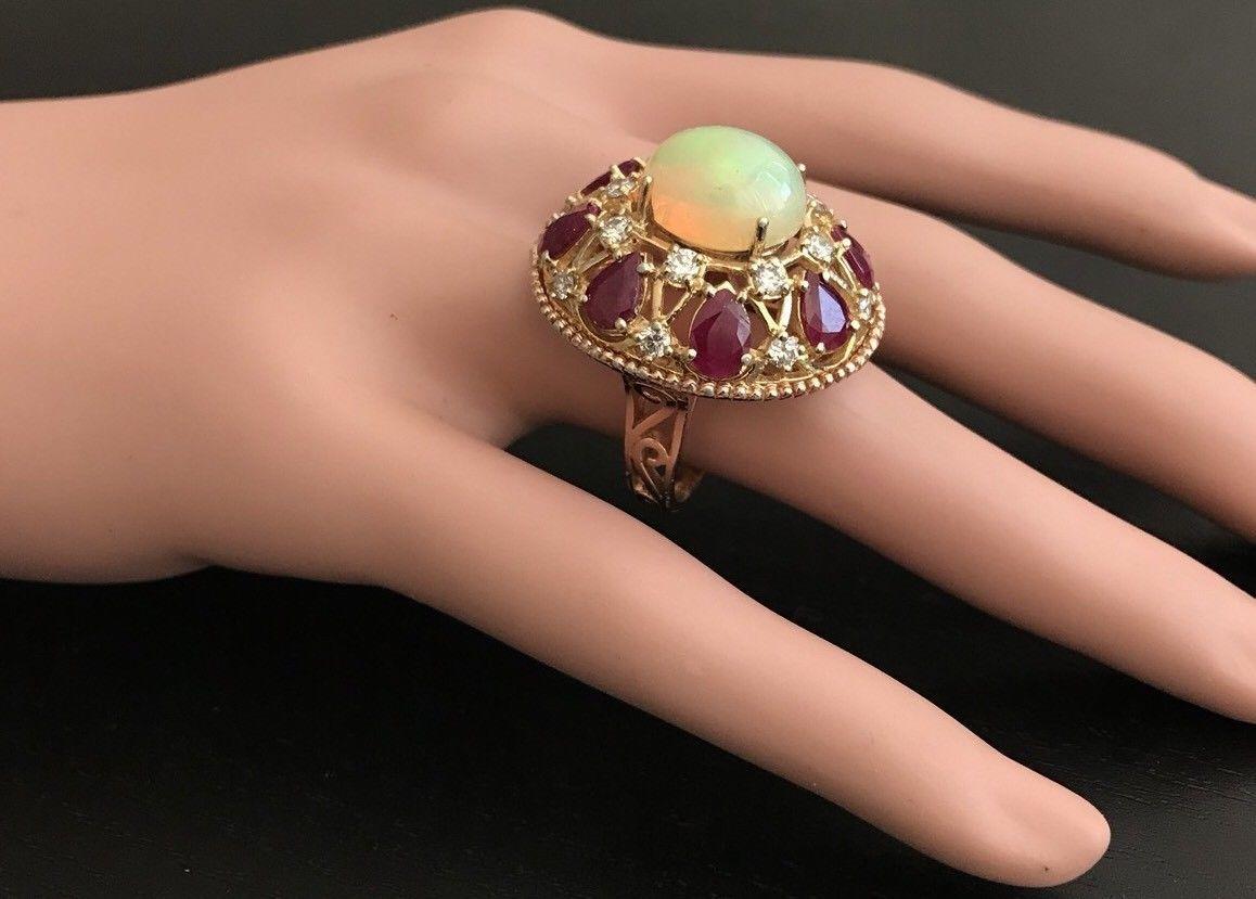 17.40 Carat Natural Ethiopian Opal, Ruby and Diamond 14 Karat Solid Gold Ring For Sale 1