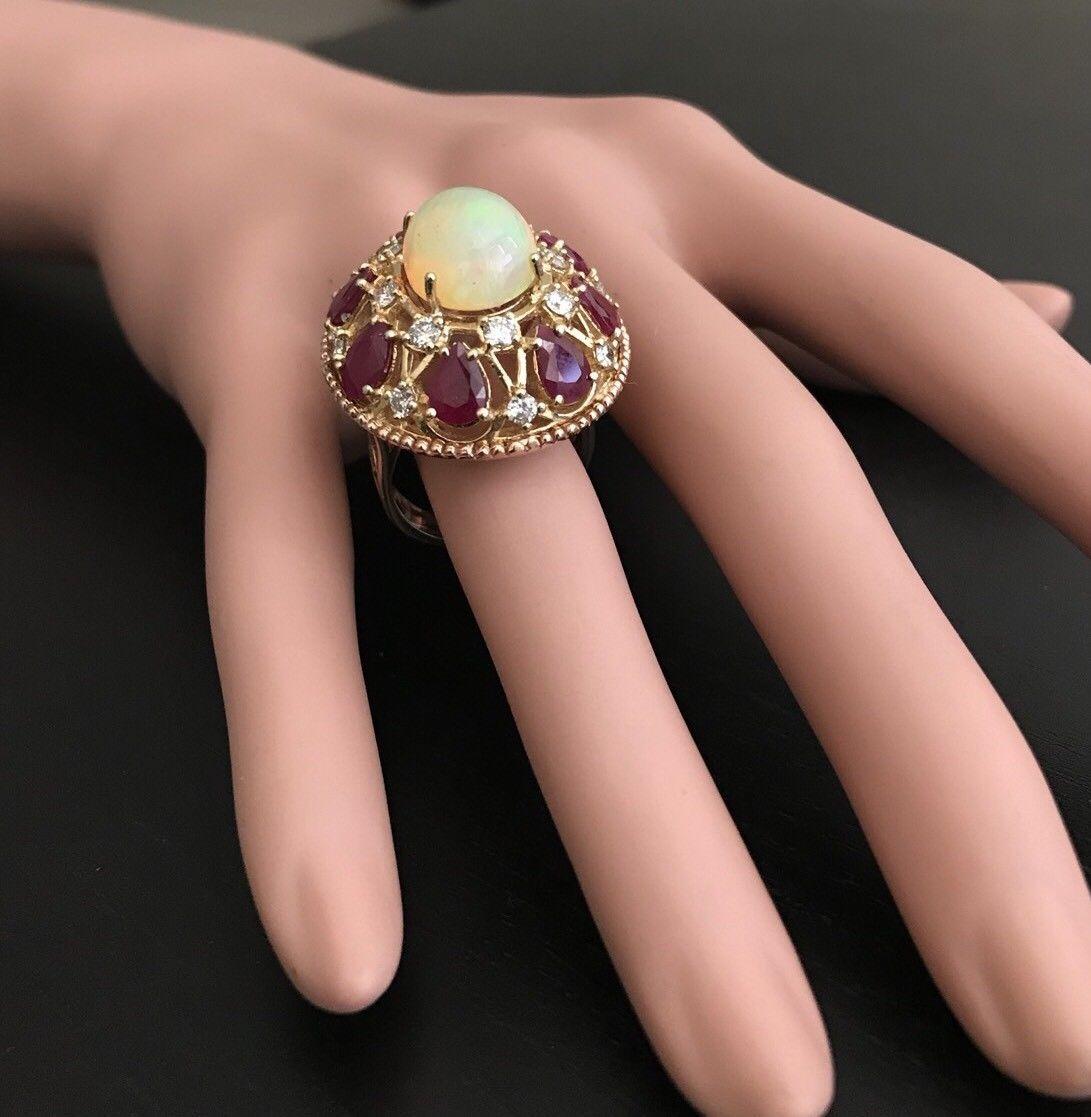 17.40 Carat Natural Ethiopian Opal, Ruby and Diamond 14 Karat Solid Gold Ring For Sale 2