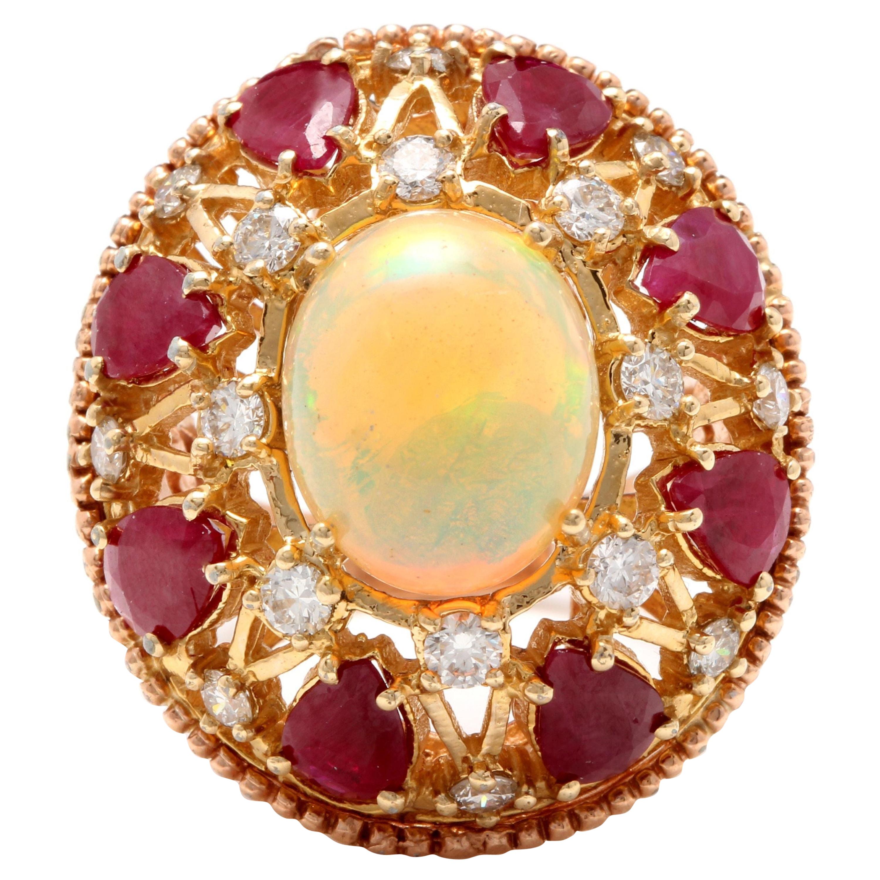 17.40 Carat Natural Ethiopian Opal, Ruby and Diamond 14 Karat Solid Gold Ring