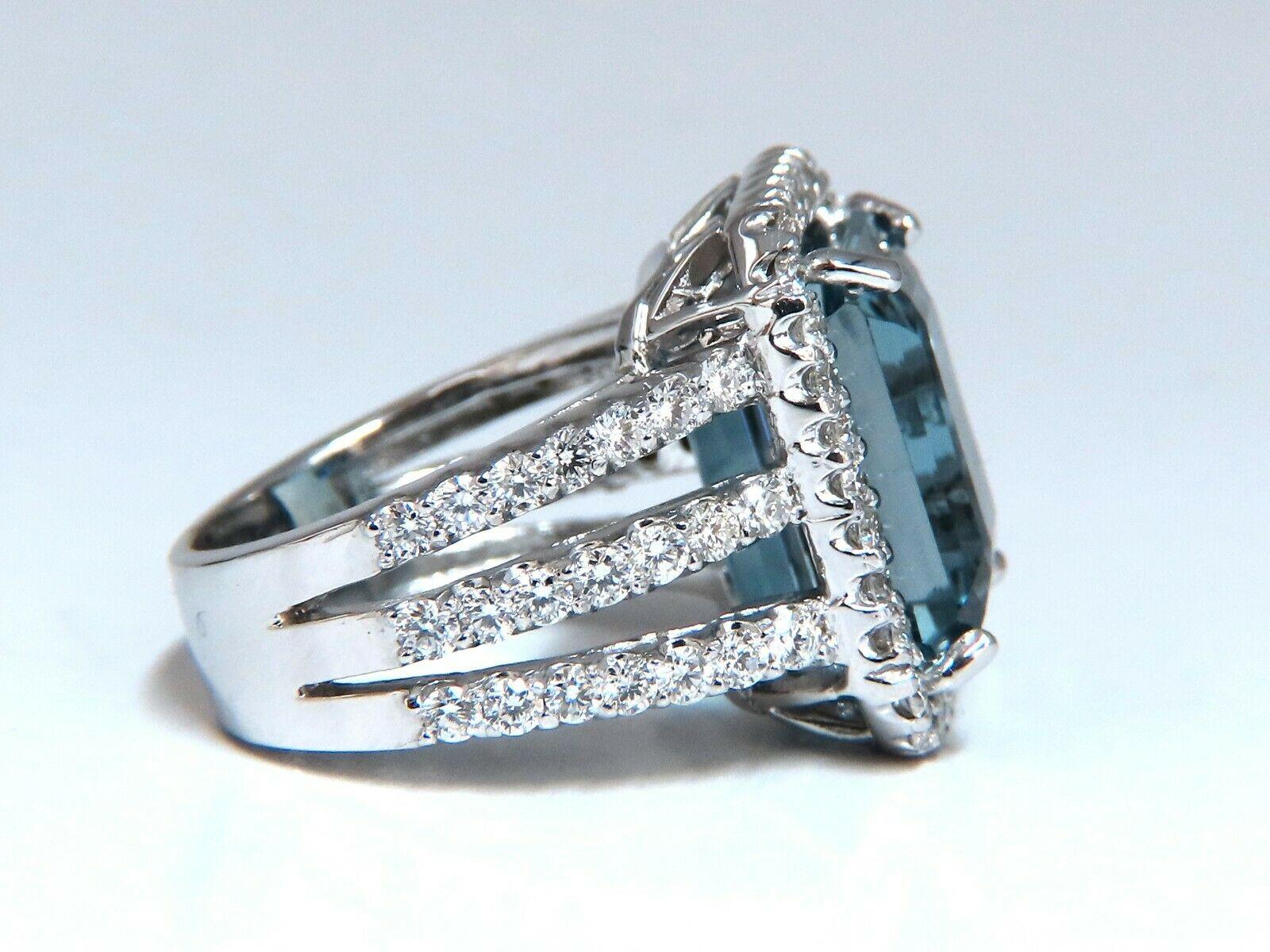 Emerald Cut 17.40 Carat Natural Vivid Swiss Blue Diamonds Ring 14 Karat Shoulder Threes Halo For Sale