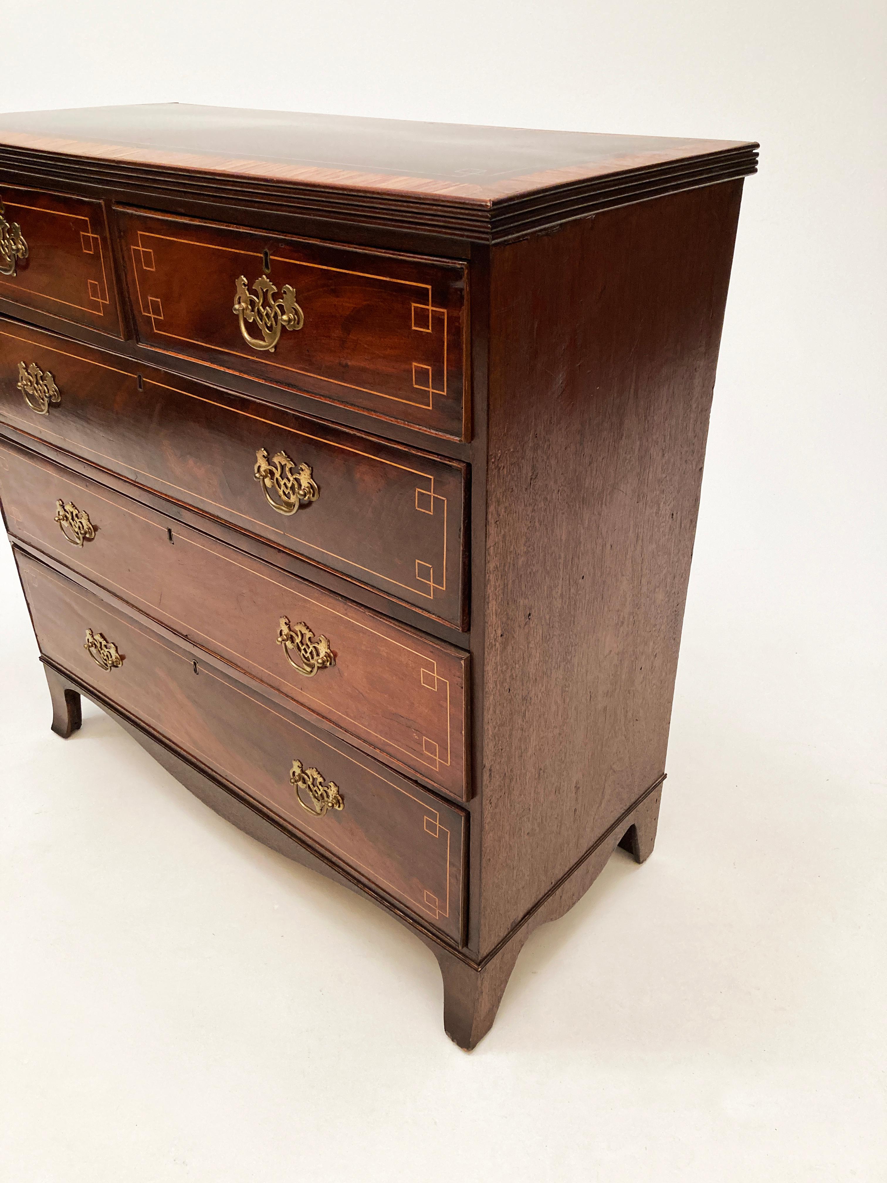 Inlay 1740’s King George III Flame Mahogany Rosewood and Tulipwood Chest of Drawers For Sale